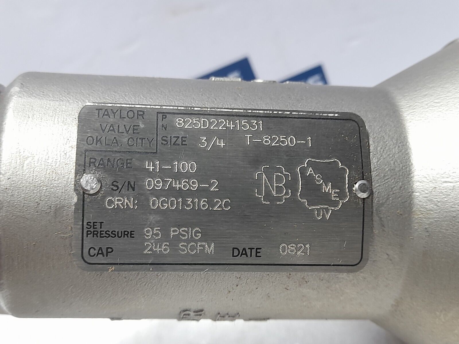 Taylor 8250 Relief Valve 825D2241531 Range 41-100 T-8250-1 Inlet ¾” Outlet 1” Se