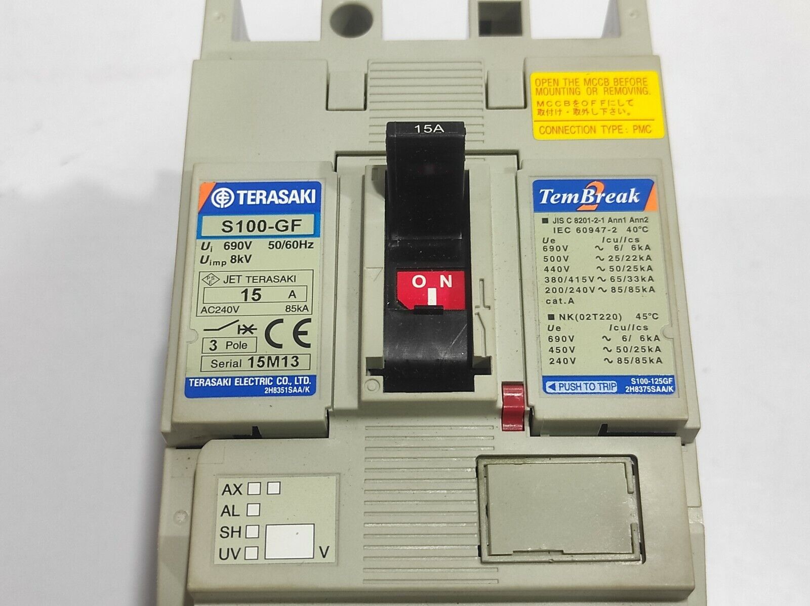 Terasaki S100-GF TemBreak Circuit Breaker 3P 15A PMC 50/60Hz / S100GF