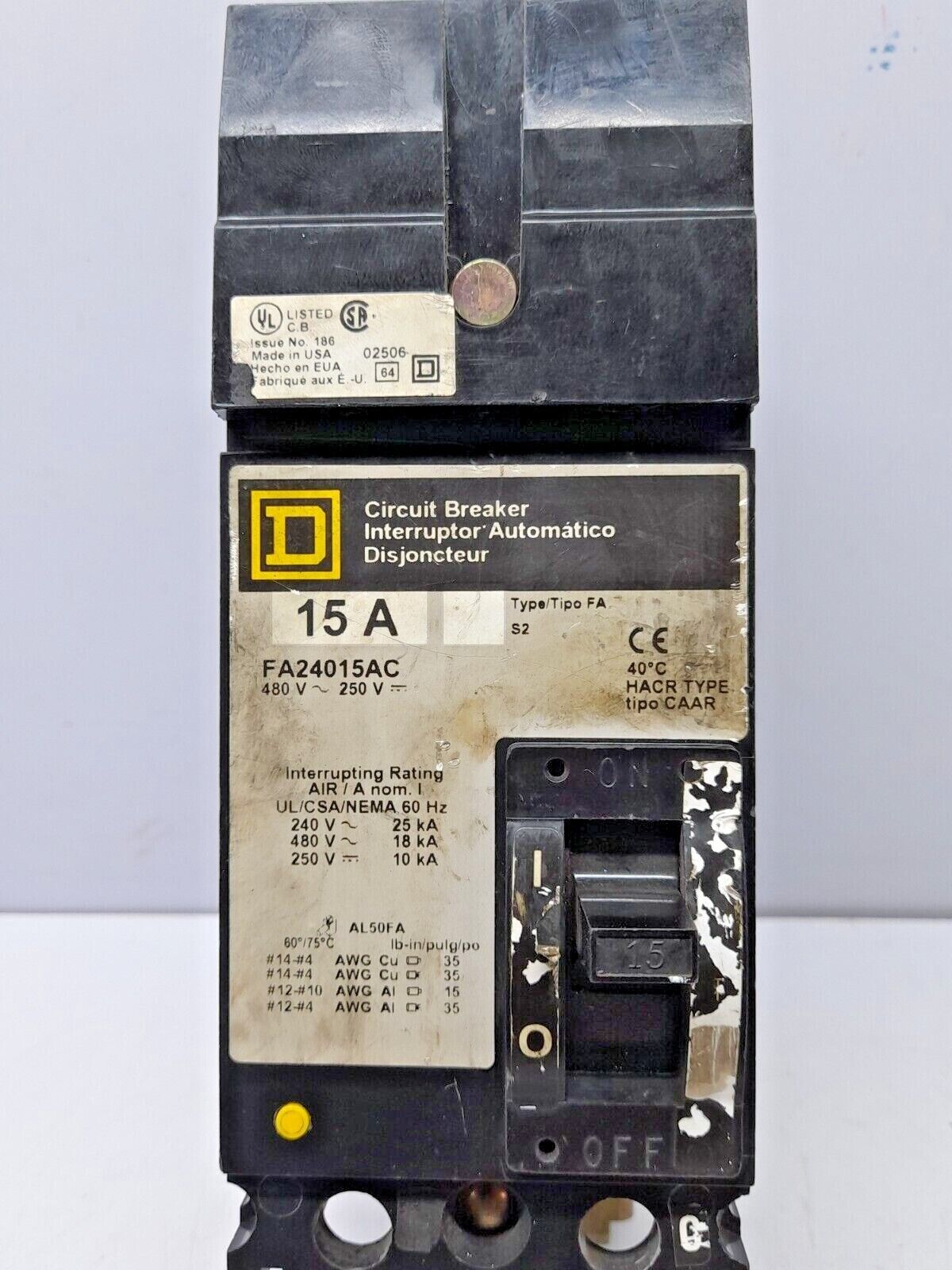 Square D FA24015 AC Circuit Breaker 15A 480VAC 250VDC