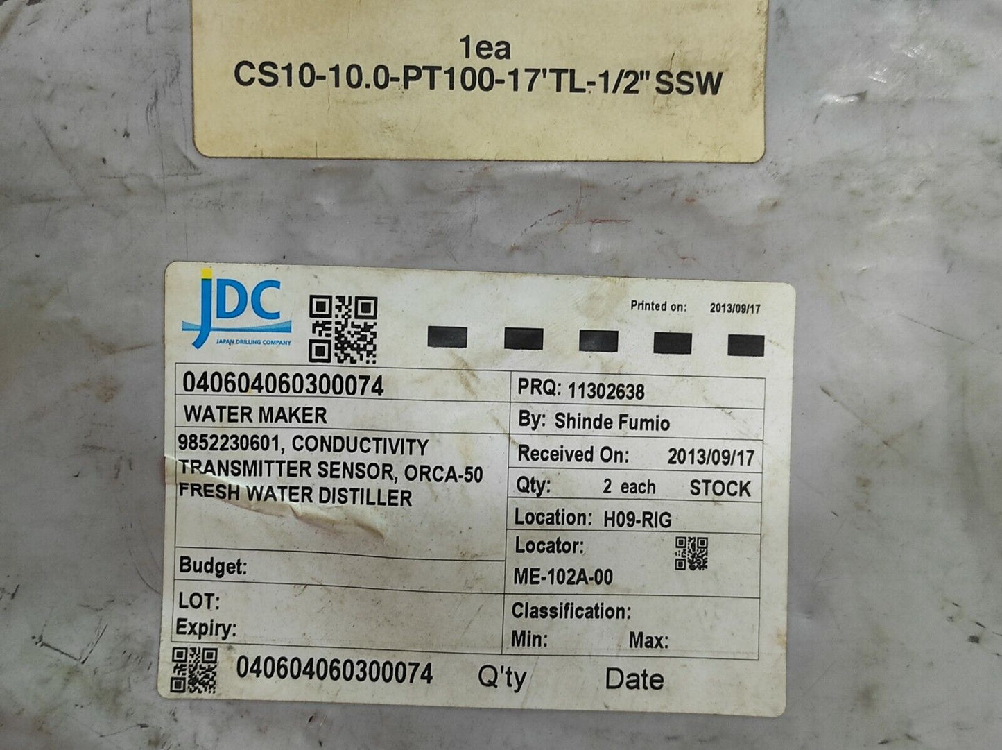 Alfa Laval 9852230601 Conductivity Transmitter Sensor CS10 K=10.0 PT100 17’TL ½”