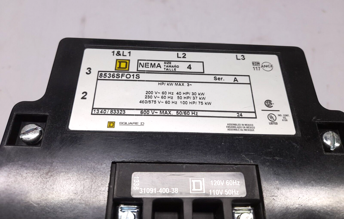Square D 8536SFO1V02S Ser A AC Magnetic NEMA Size 4 Starter 3 Pole 110/120V50/60