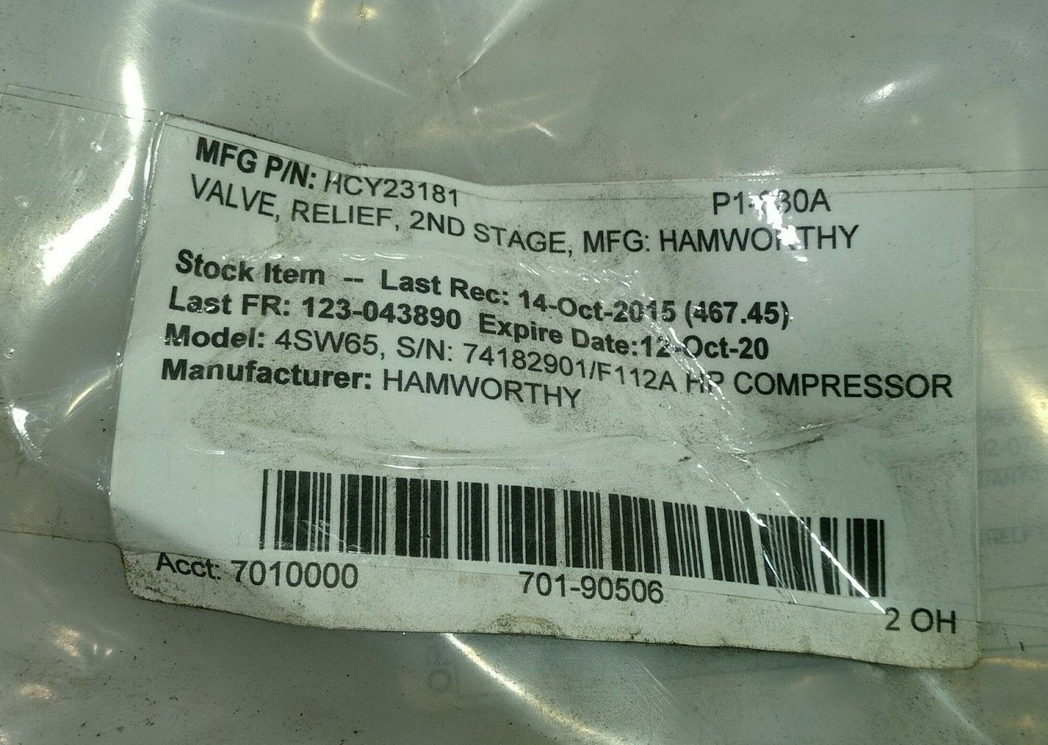 Wartsila HC41094/10 Relief Valve & Cert Gardner Denver 41094/10