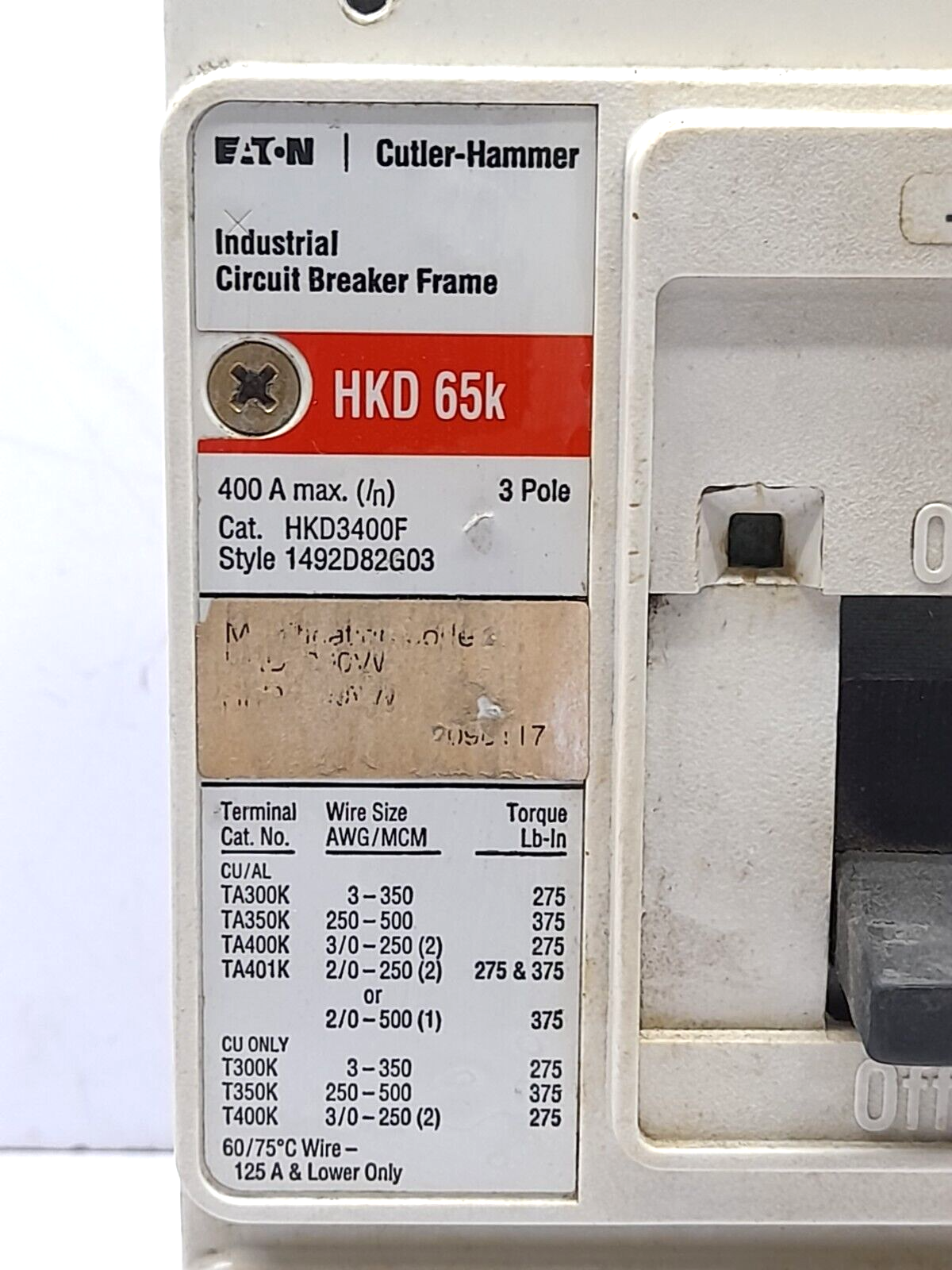 Eaton HKD3400F Circuit Breaker 1492D82G03 400A Max 3 Pole With 200A Trip Unit
