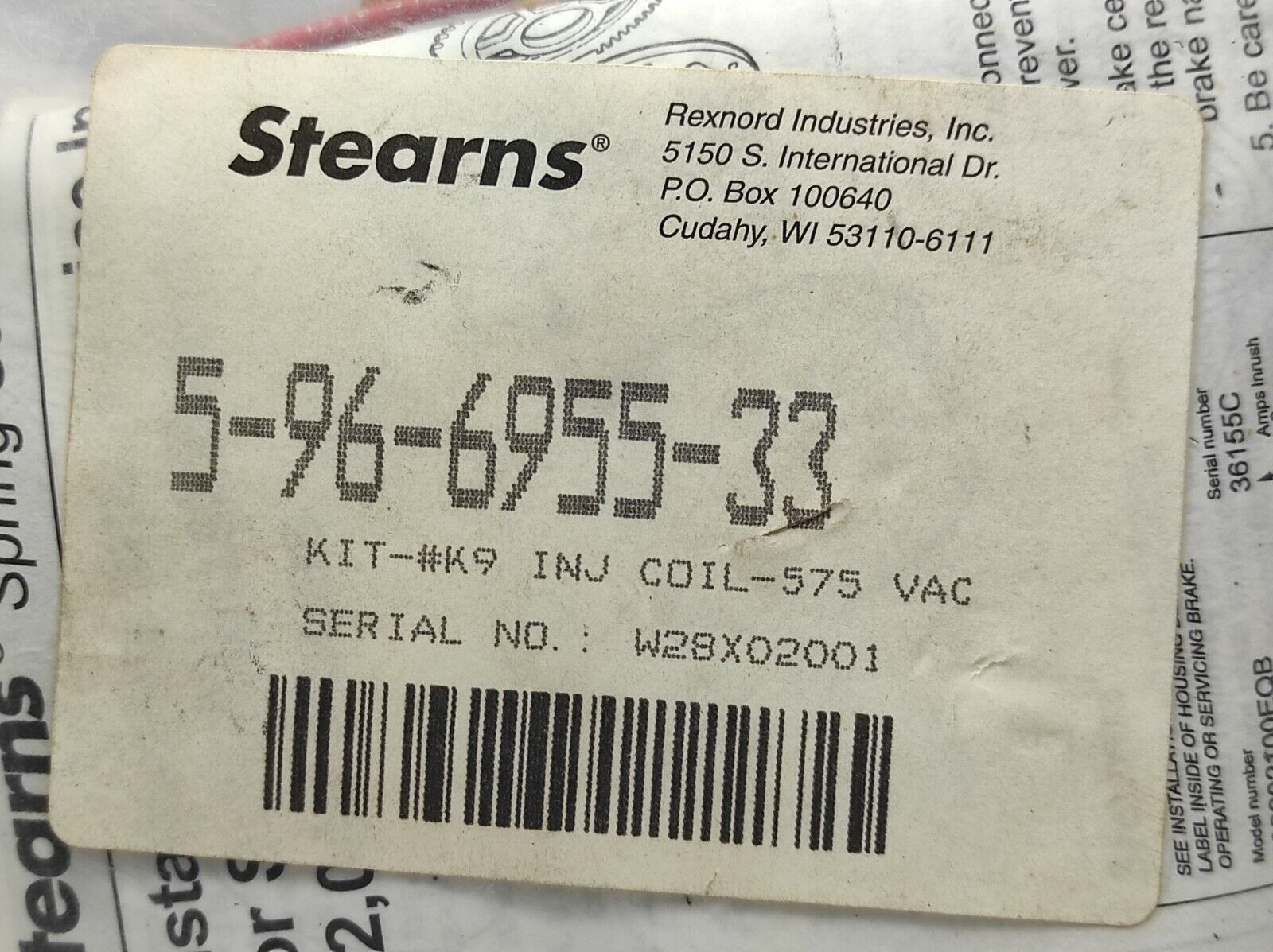 Stearns 5-96-6955-33 Coil 575VAC 60Hz 480VAC 50Hz Solenoid Coil Kit-#K9 INJ Coil