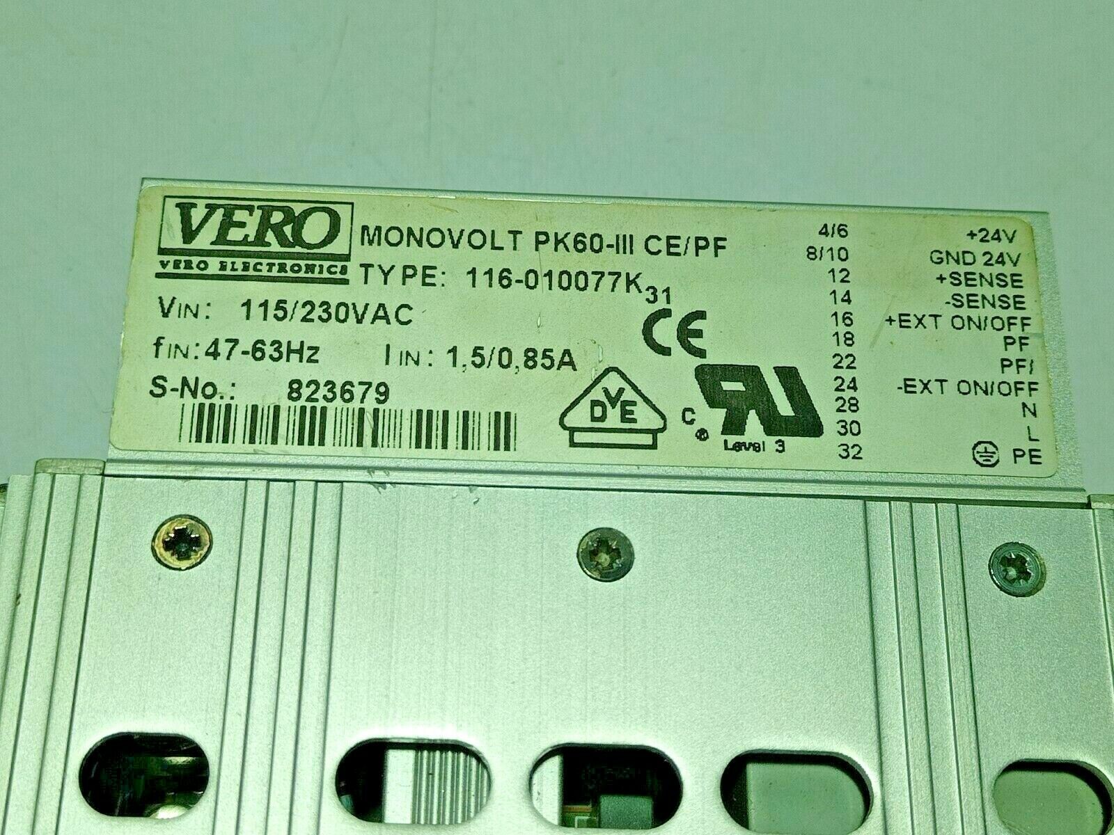 Vero 116-010077K31 Monovolt PK60-III CE/PF Power Supply PK60
