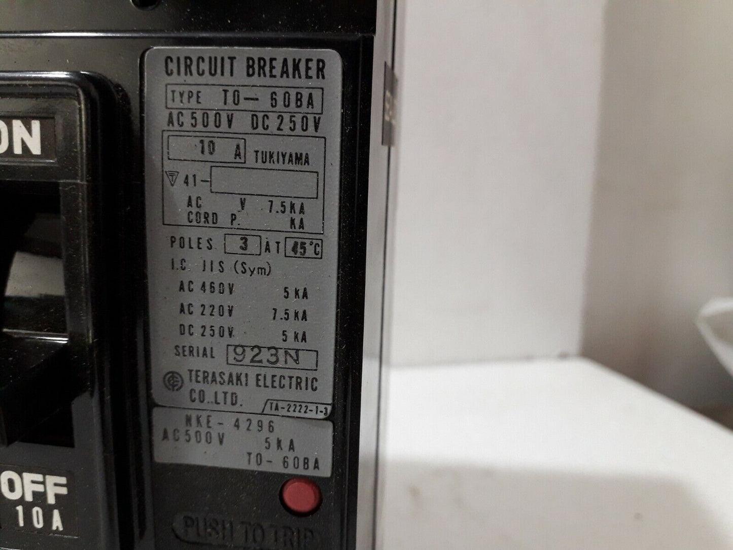 Terasaki TO-60BA 3Pole 10A AC500V DC250V Circuit Breaker On/Off Switch