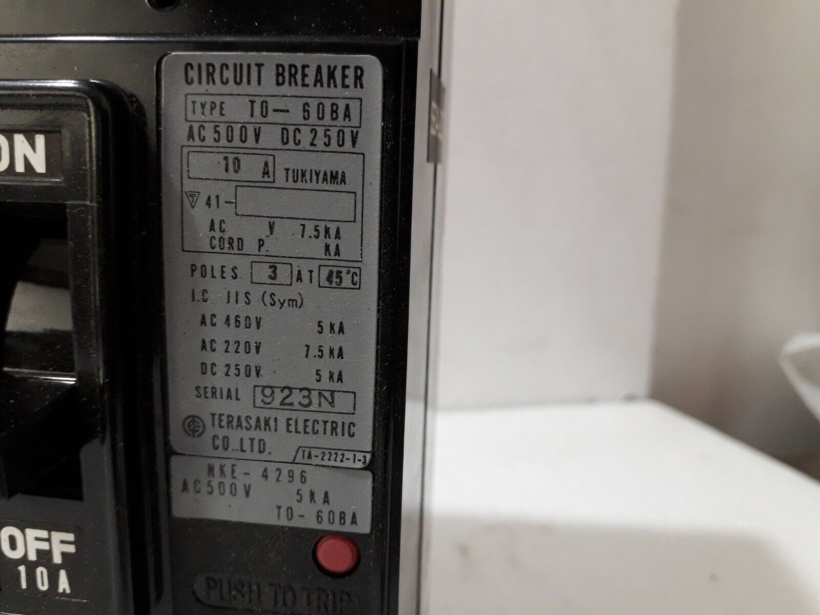 Terasaki TO-60BA 3Pole 10A AC500V DC250V Circuit Breaker On/Off Switch