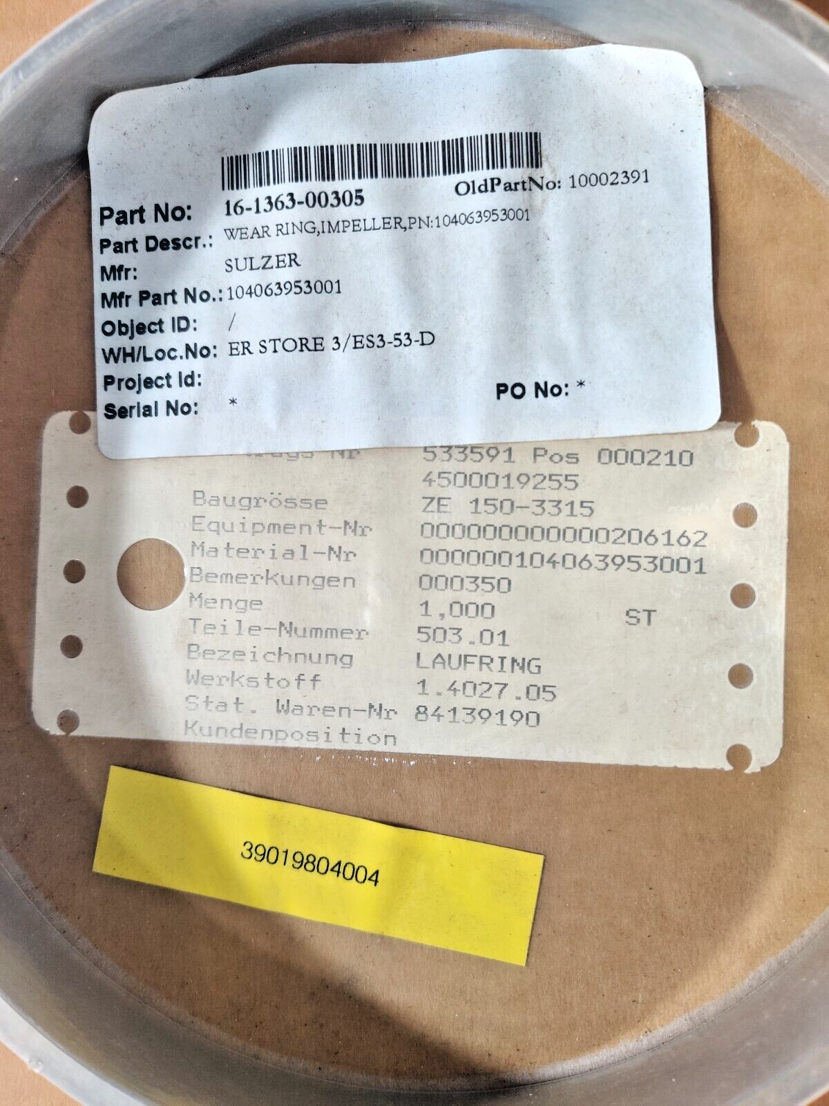 Sulzer 104063953001 Impeller Wear Ring 16-1363-00305