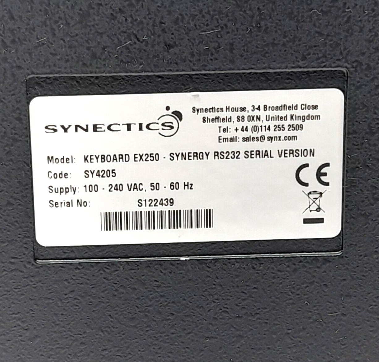 Synectics Keyboard EX250 Synergy RS232 Serial Version SY4205 100-240VAC 50-60Hz