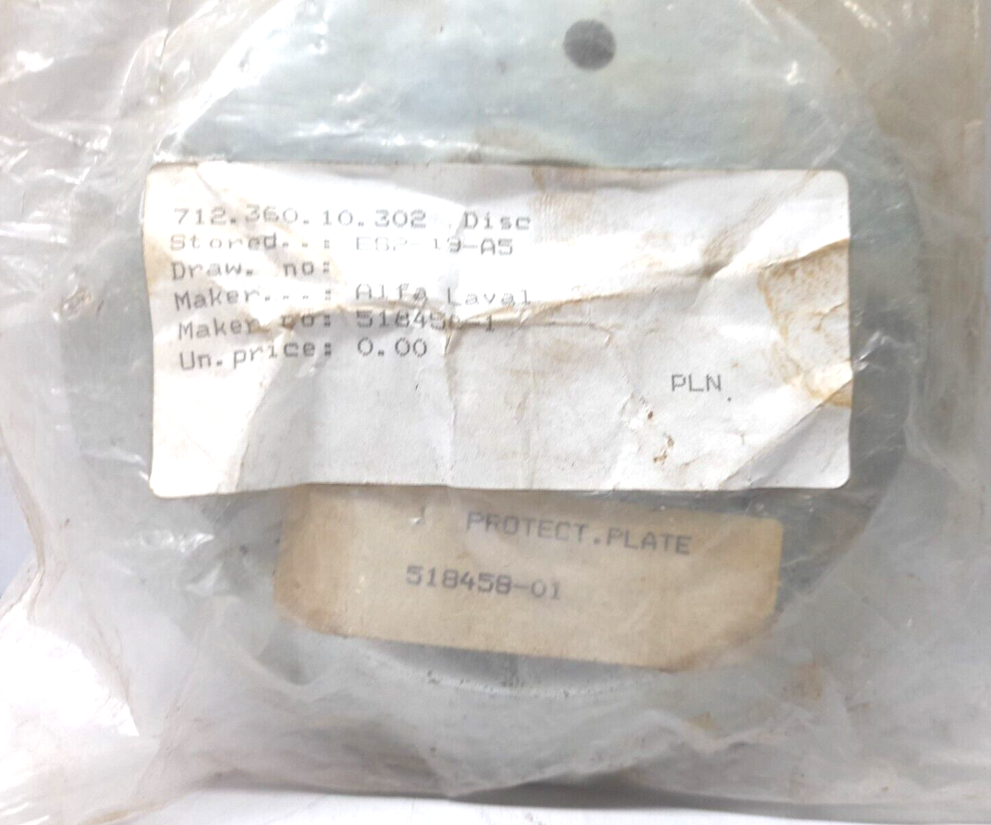 Alfa Laval 518458-1 Disc 518458-01 Protect Plate