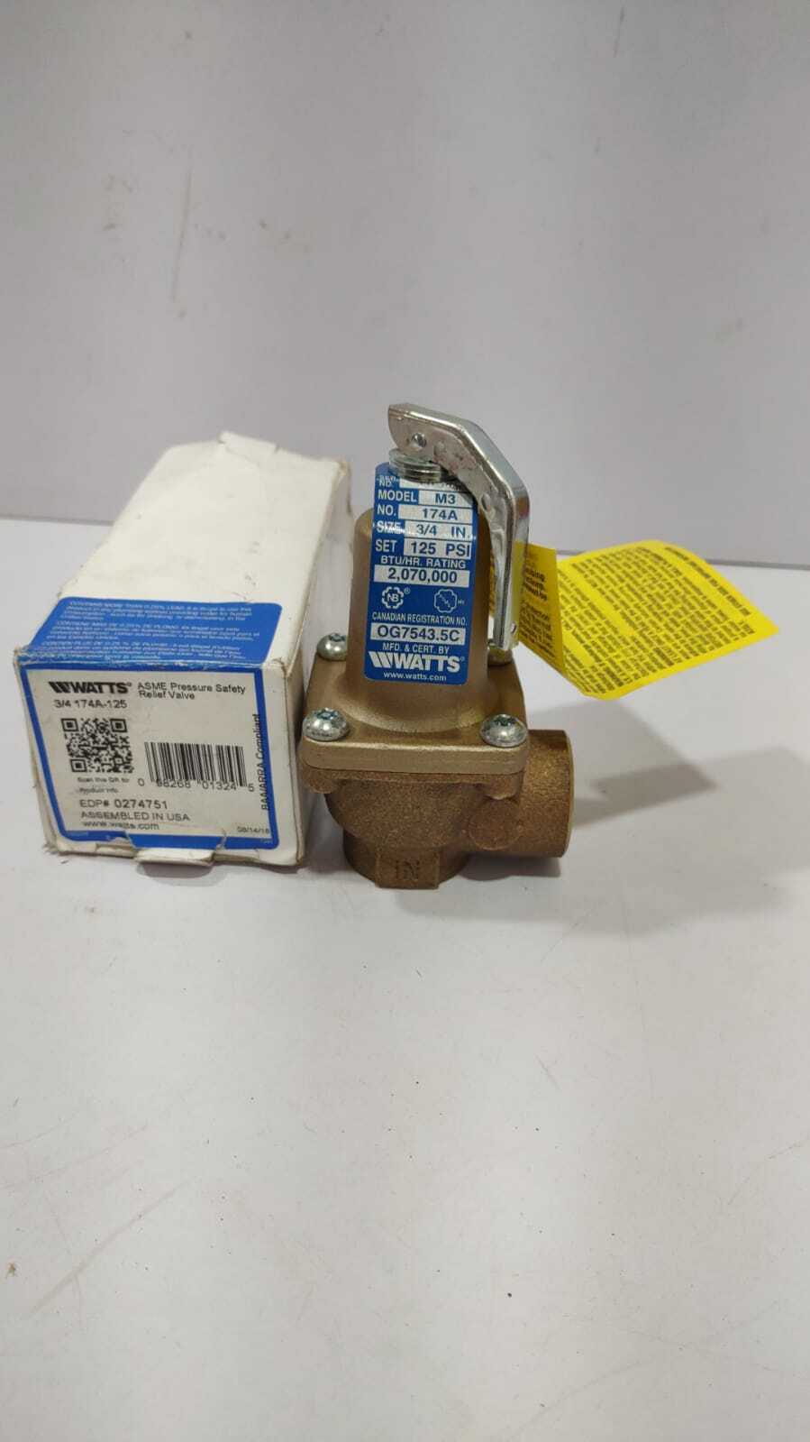 Watts ¾ 174A-125 ASME Pressure Safety Relief Valve Hobart 00-082010