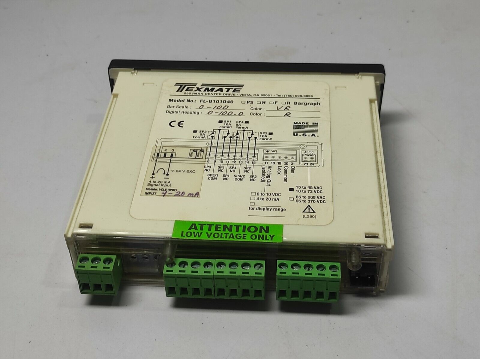 Texmate FL-B101D40 Bargraph FLB101D40 Bar Scale 0-100 Color VR Digital Reading 