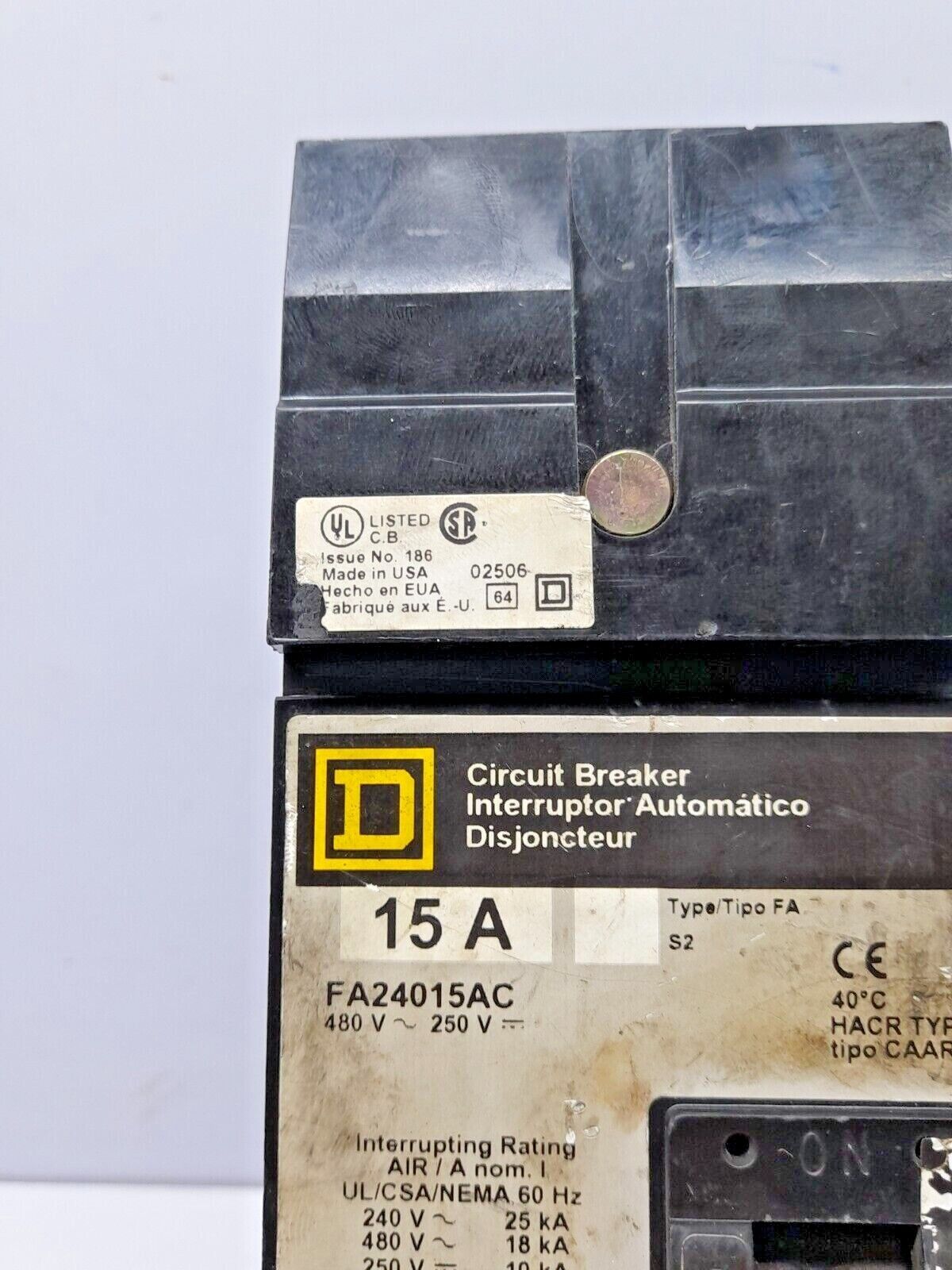 Square D FA24015 AC Circuit Breaker 15A 480VAC 250VDC