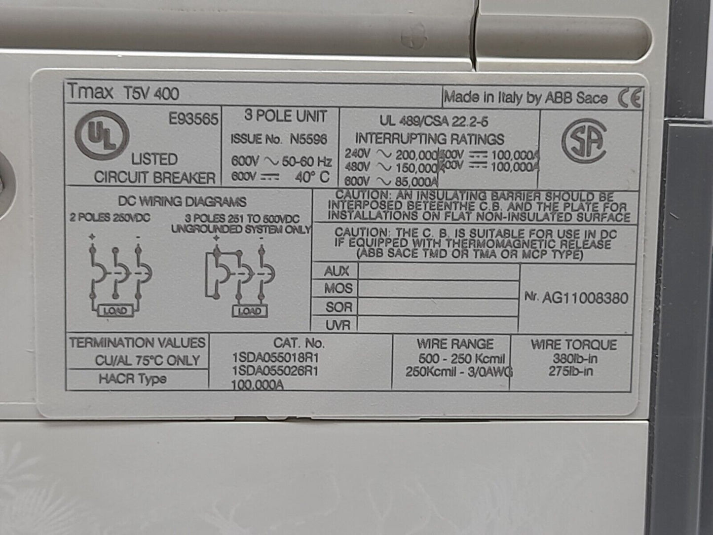 ABB SACE Tmax T5V400CW Circuit Breaker Tmax T5V 400 In = 400A