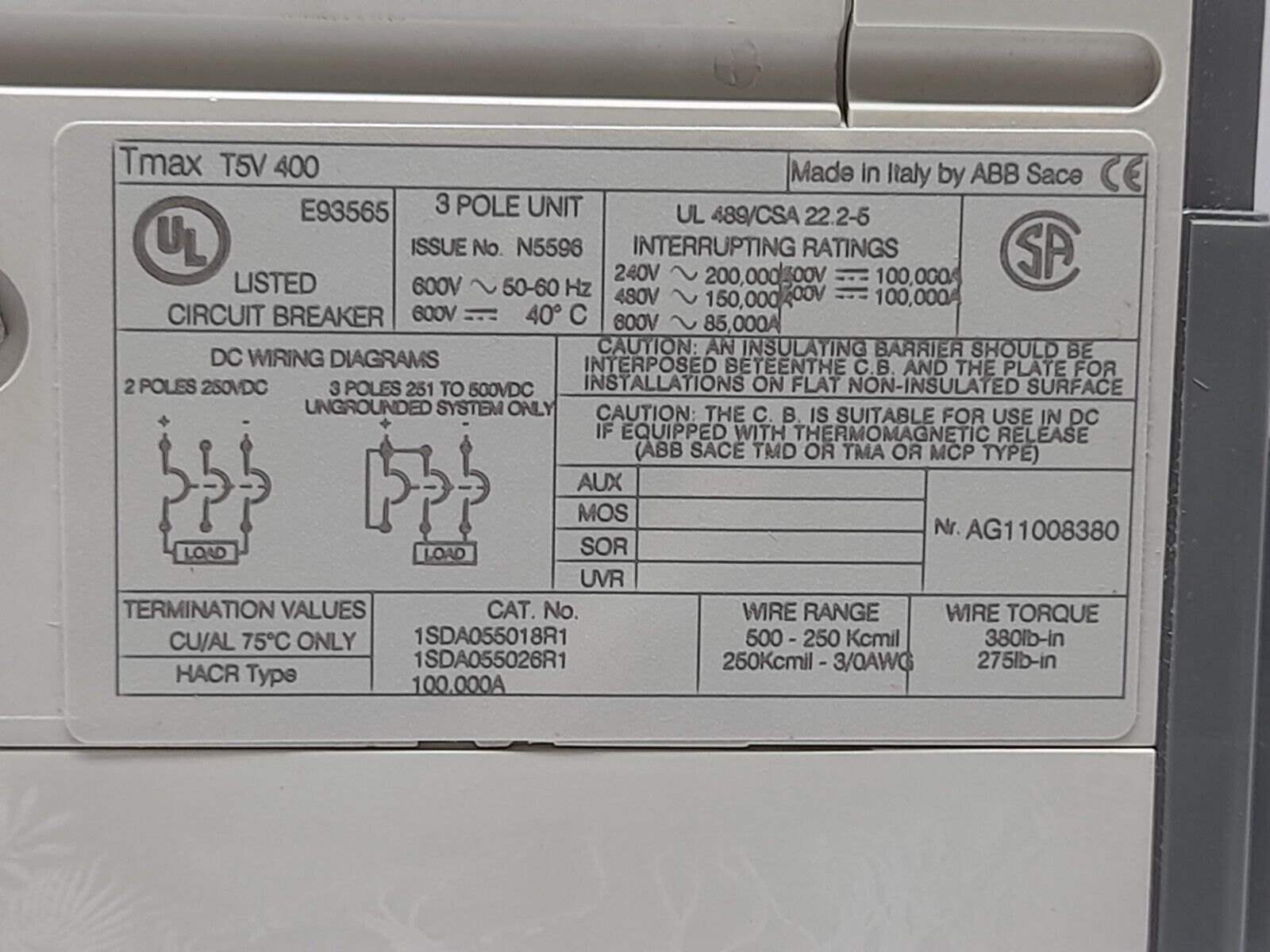 ABB SACE Tmax T5V400CW Circuit Breaker Tmax T5V 400 In = 400A