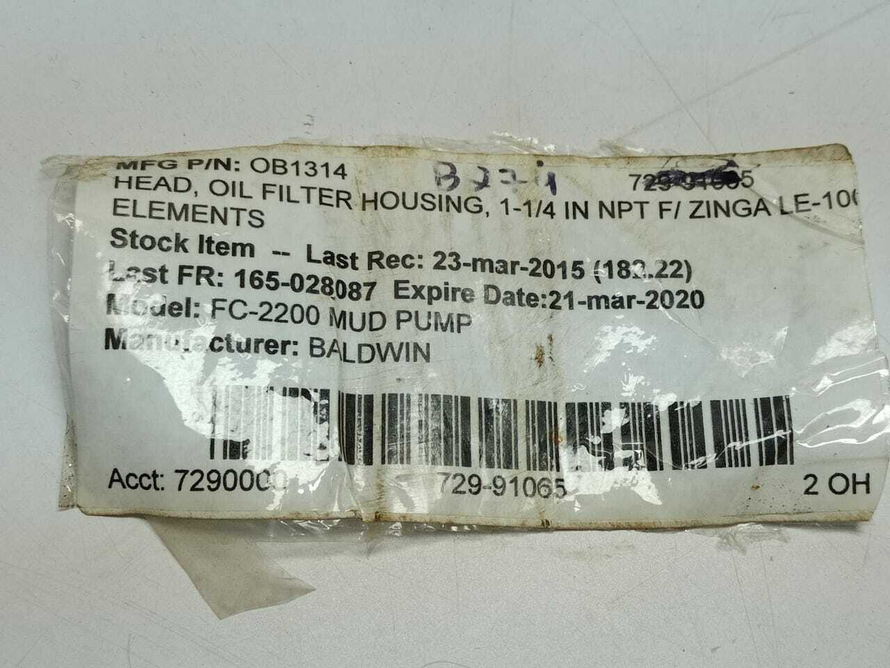 Baldwin OB1314 Oil Filter Housing Head 1-1/4 In NPT F/Zinga LE-100 Elements