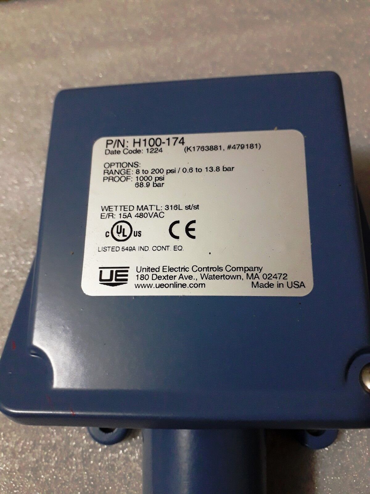United Electric H100-174 Pressure Switch 8to200psi/0.6to13.8 bar 1000 psi 15A 