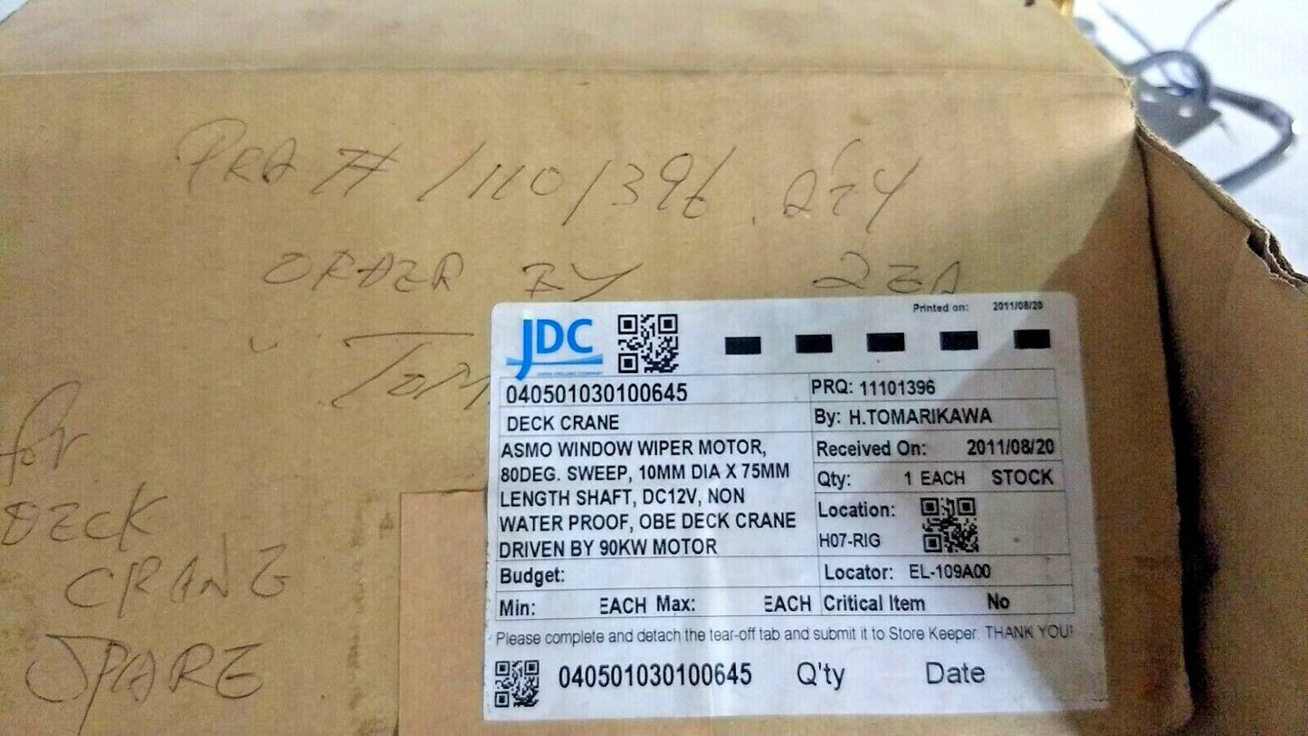 Asmo Window Wiper Motor For OBE Deck Crane - 80 Deg.Sweep 10mm Dia 75mm Shaft 