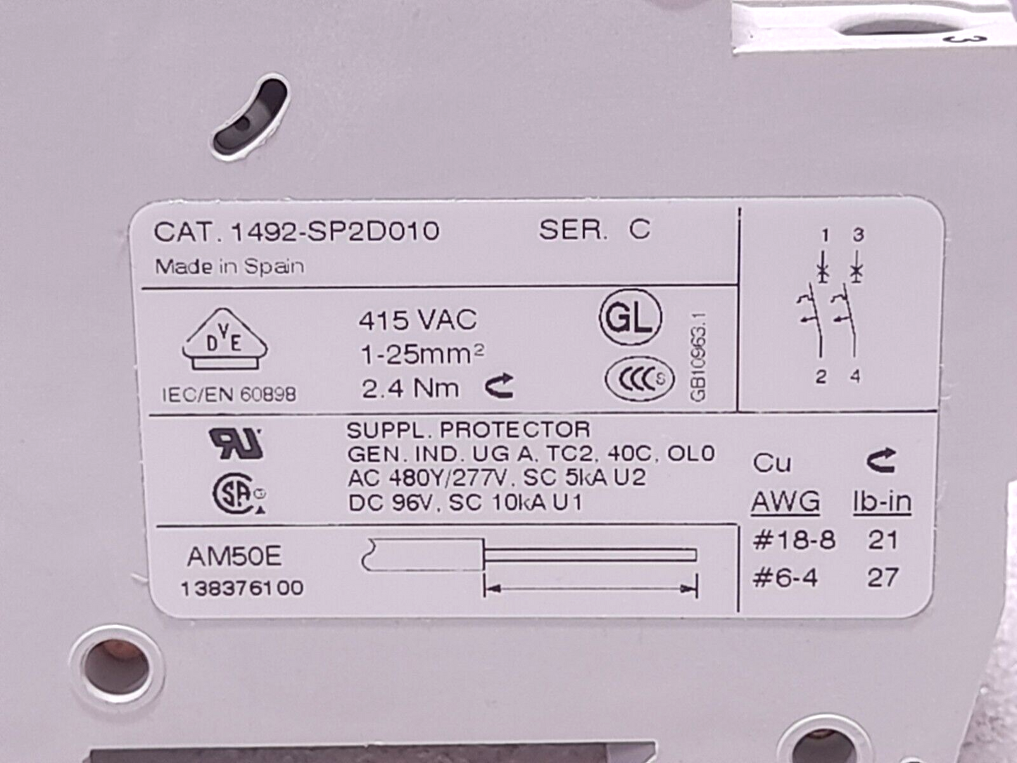 Allen Bradley 1492-SP2D010 Miniature Circuit Breaker 1492SP2D010