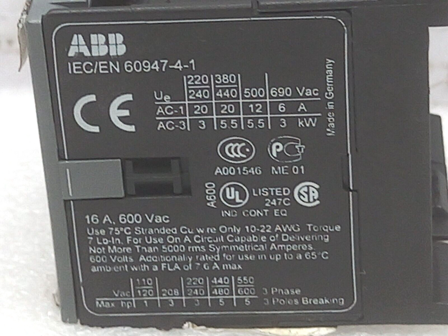 ABB B7-30-10 Mini Contactor 16A 600 Vac 24 V 40 450 Hz