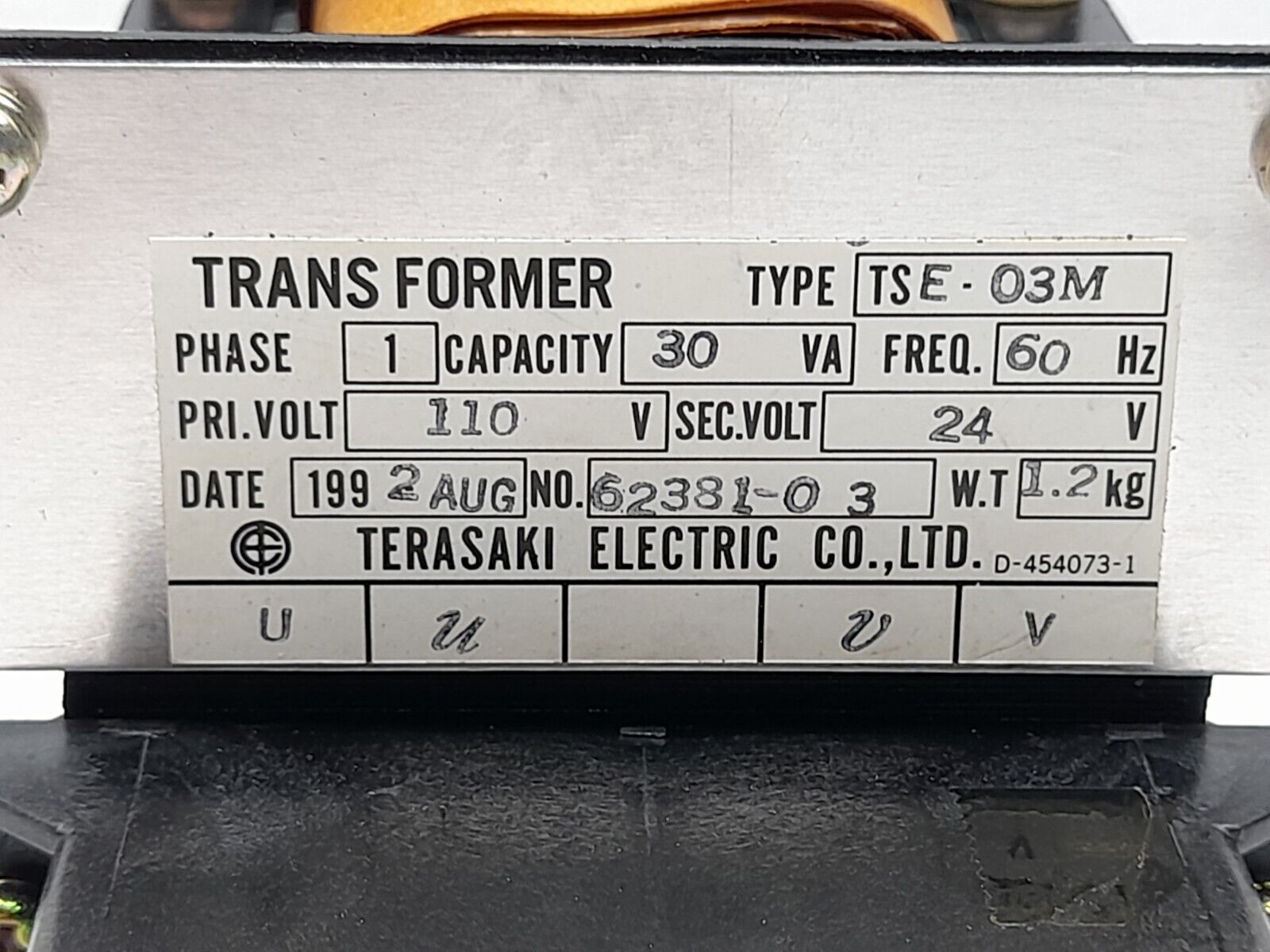 Terasaki TSE-03M Transformer 1Ph 30VA 60Hz Pri 110V Sec 24V