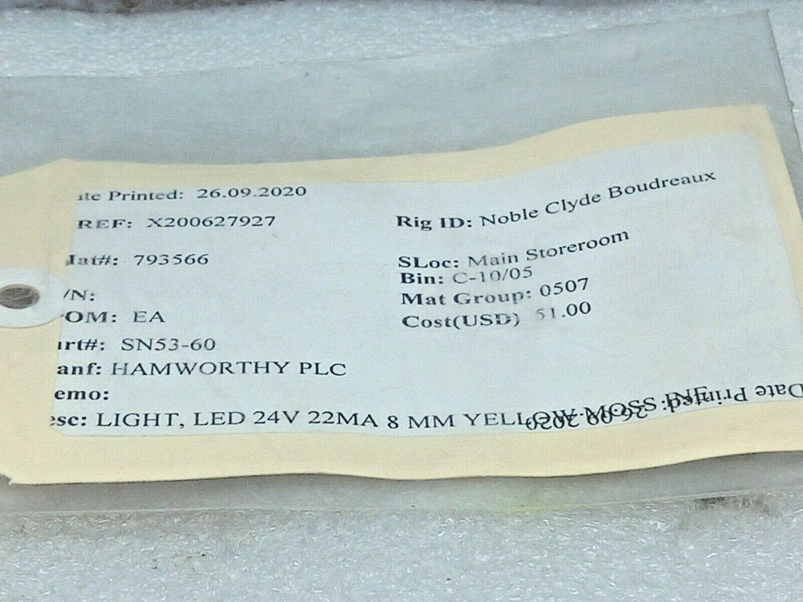 17-041352 Yellow Led Light 24VDC 22MA 8MM Hamworthy SN53-60 2PCs In Lot