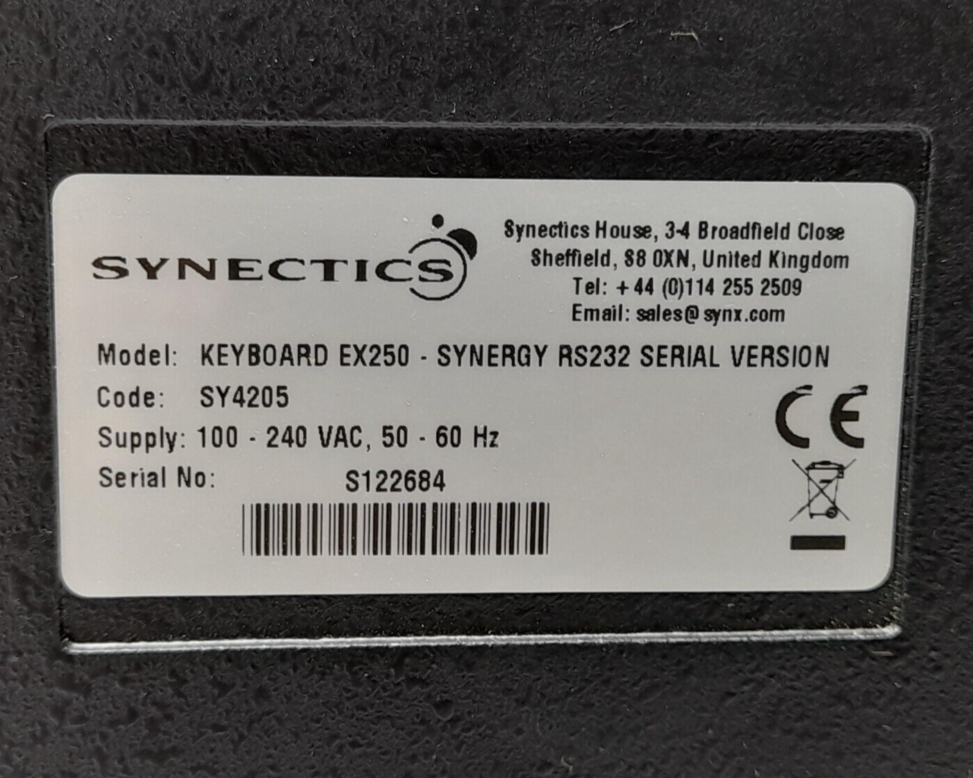 Synectics SY4205 Keyboard EX250 Synergy RS232 Serial Version 100-240VAC 50-60Hz