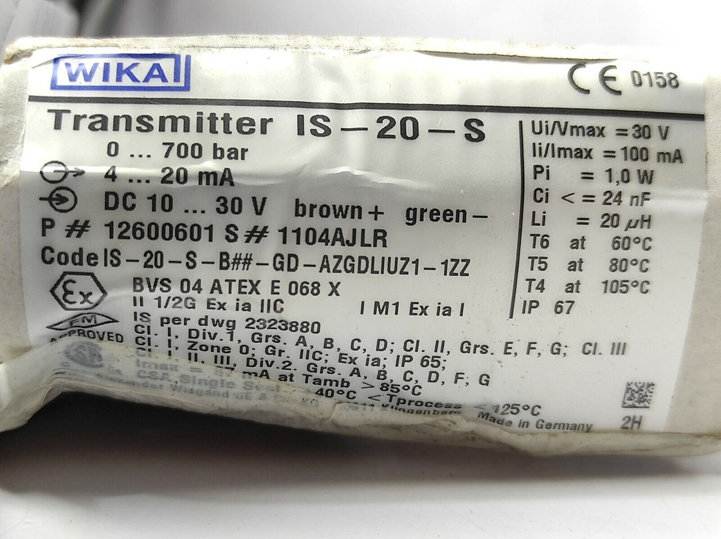 Wika IS-20-S Transmitter Pressure Transmitter Code IS-20-S-B ##-GD-AZGDLIUZ1-1ZZ