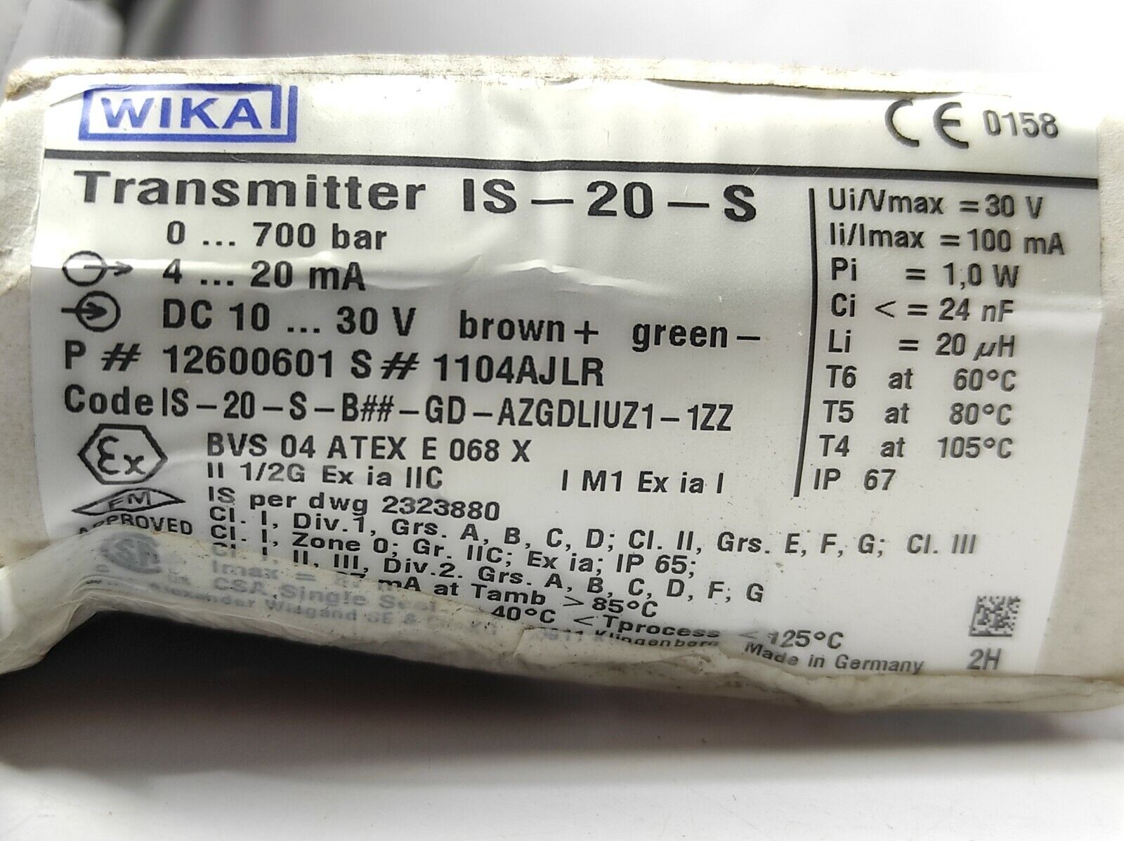 Wika IS-20-S Transmitter Pressure Transmitter Code IS-20-S-B ##-GD-AZGDLIUZ1-1ZZ