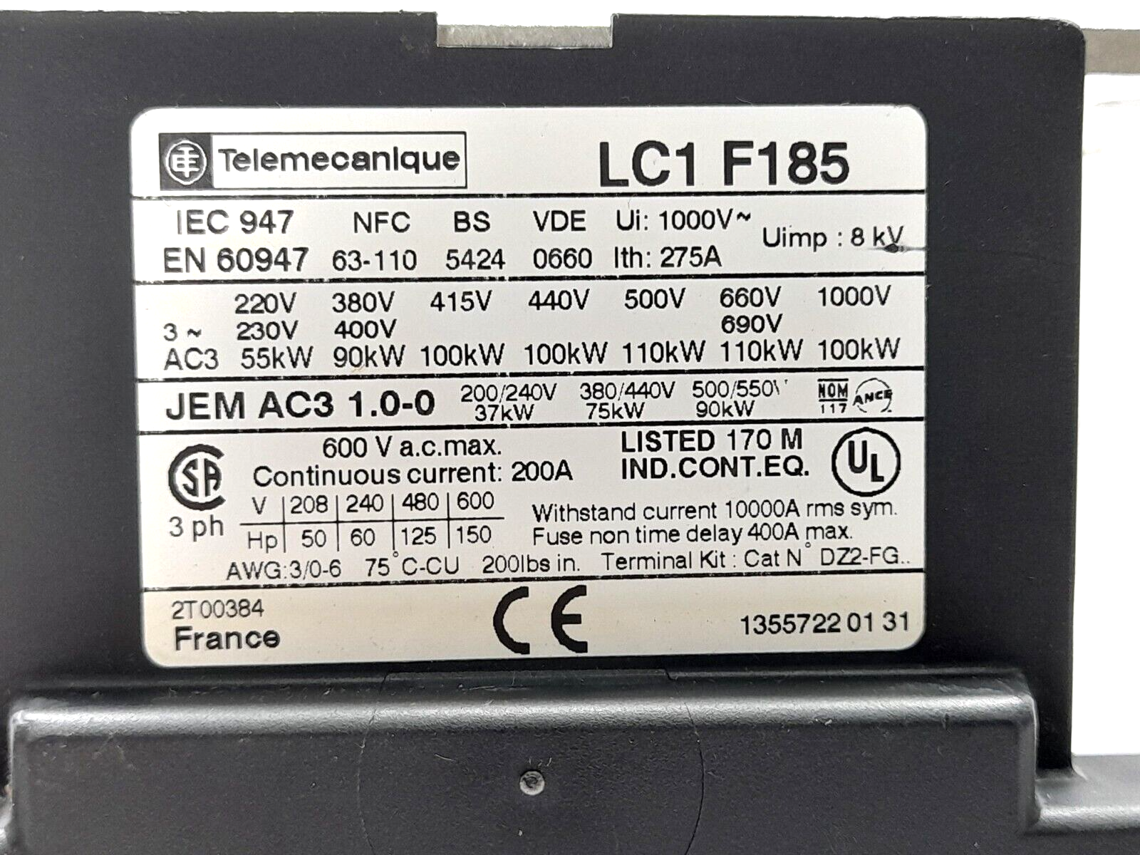 Telemecanique Square D LC1 F185 Contactor Without Coil LC1 F185