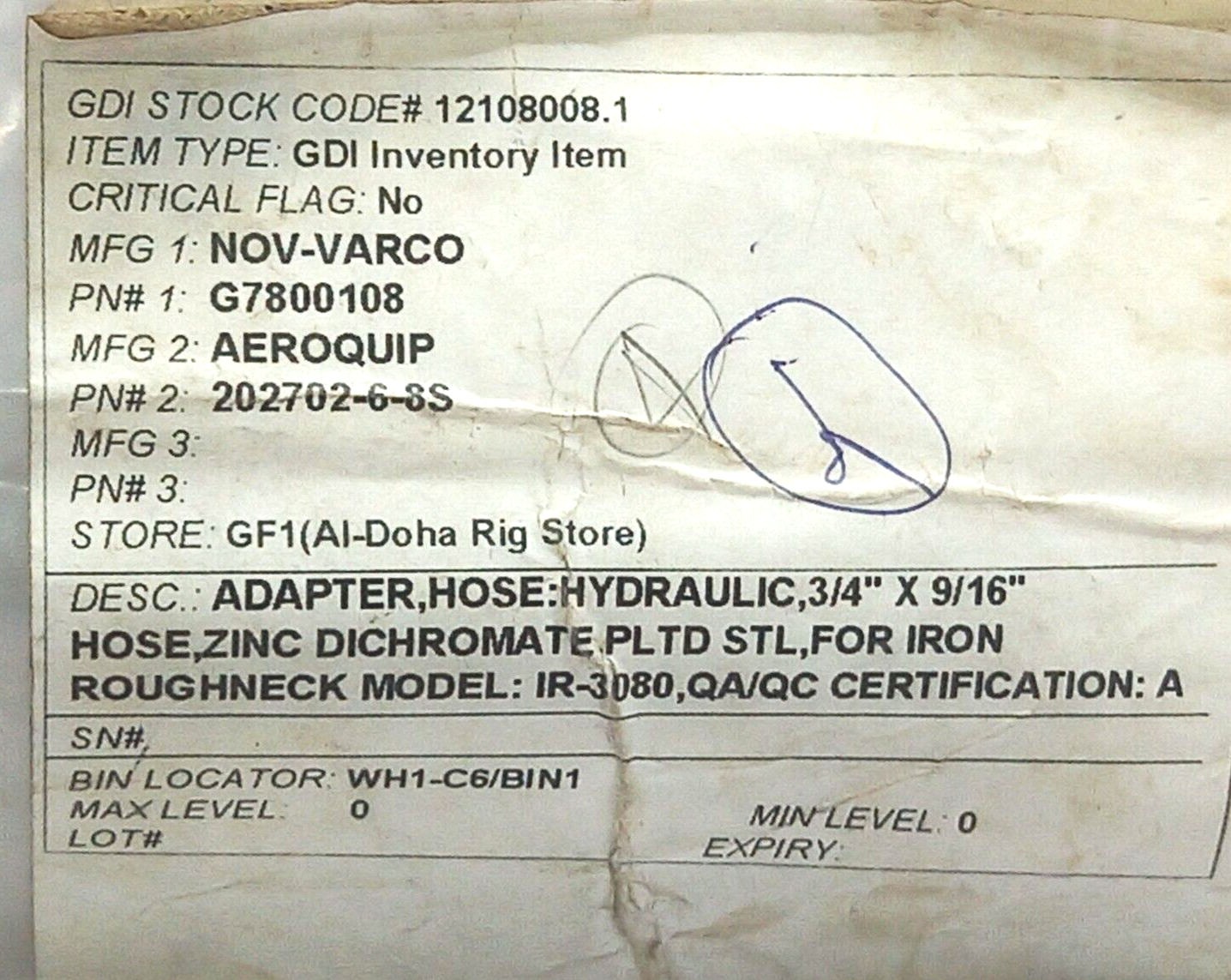 Aeroquip 202702-6-8S NOV G7800108 Hose Adapter Hydraulic ¾” X 9/16” - 2PCs/Lot