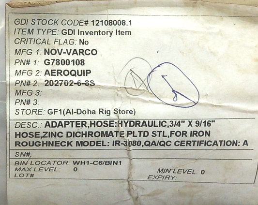 Aeroquip 202702-6-8S NOV G7800108 Hose Adapter Hydraulic ¾” X 9/16” - 2PCs/Lot