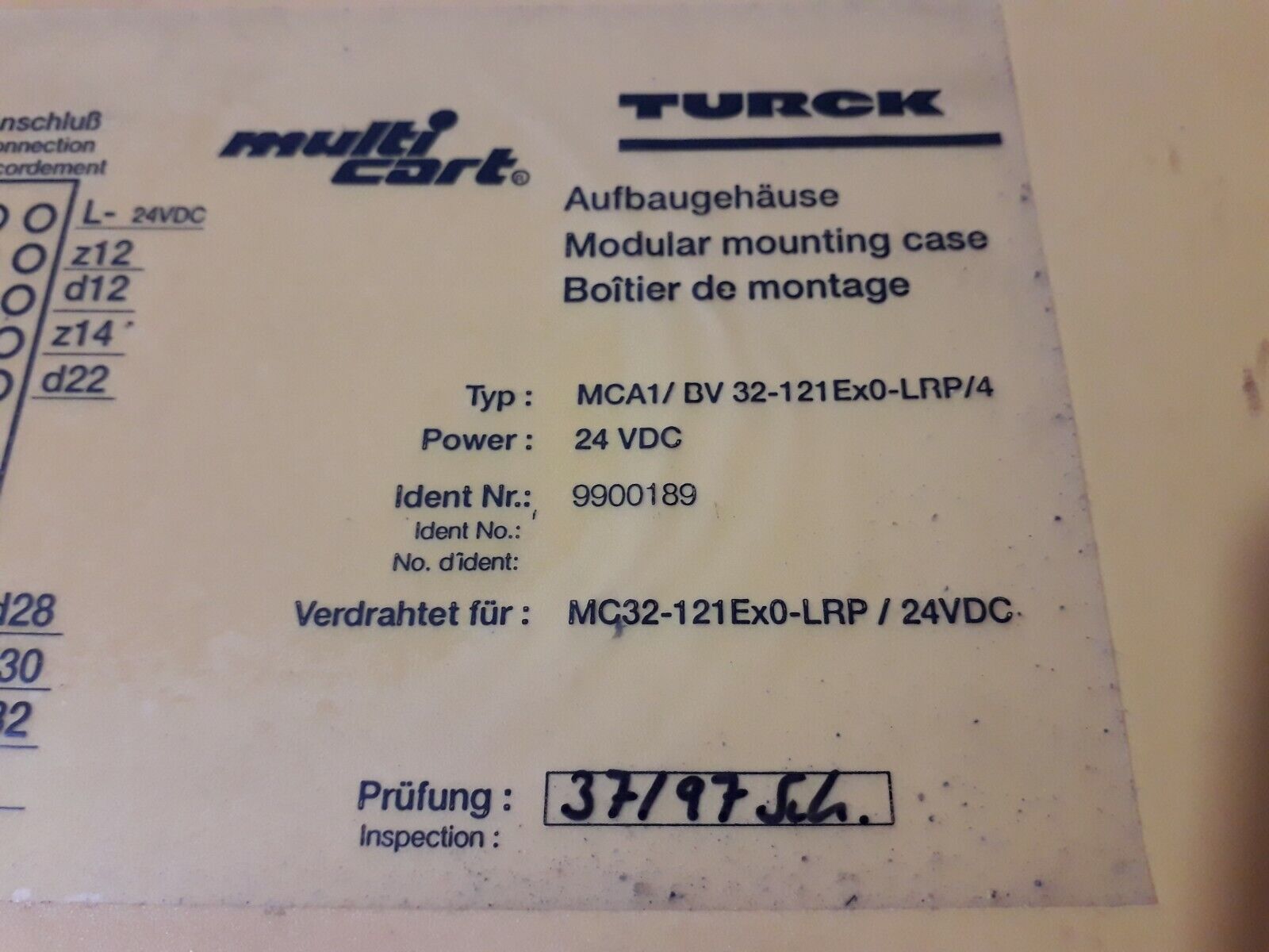 TURCK MCA1/BV32-121Ex0-LRP/4 24VDC MODULAR MOUNTING CASE MULTICART