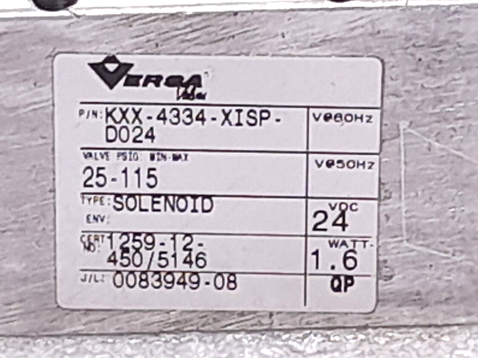 Versa KXX-4334-XISP-D024 Solenoid Valve 24VDC 1.6W 25-115 PSIG