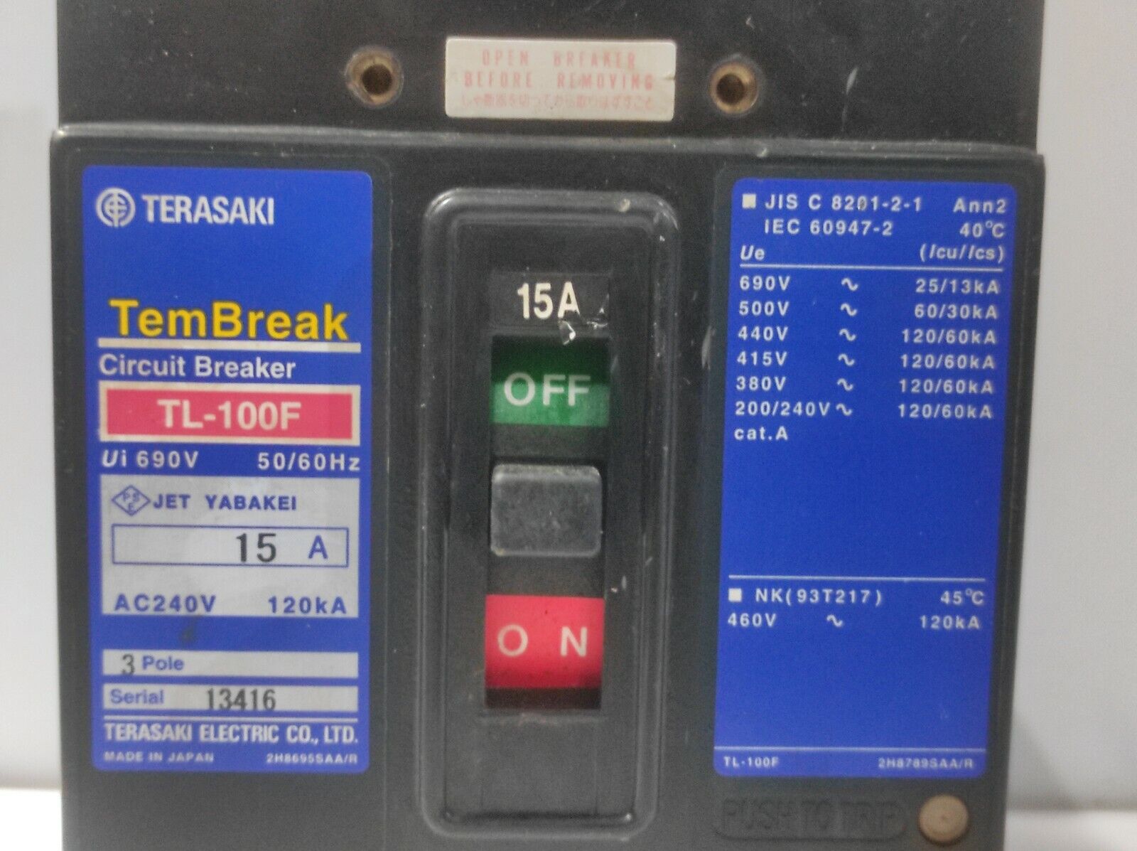 Terasaki TL-100F TemBreak Circuit Breaker 15A Ui 690V 50/60Hz AC240V 120kA 3Pole