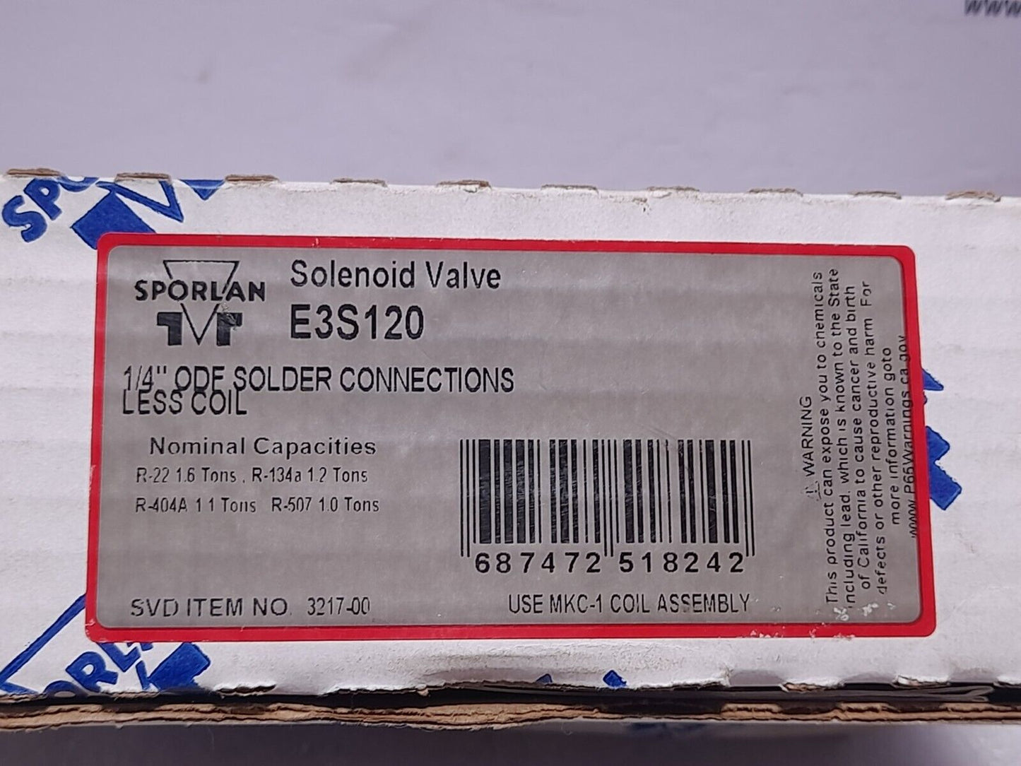 Sporlan E3S120 Solenoid Valve ¼” ODF Solder Connections Less Coil MOPD 300 MRP 5