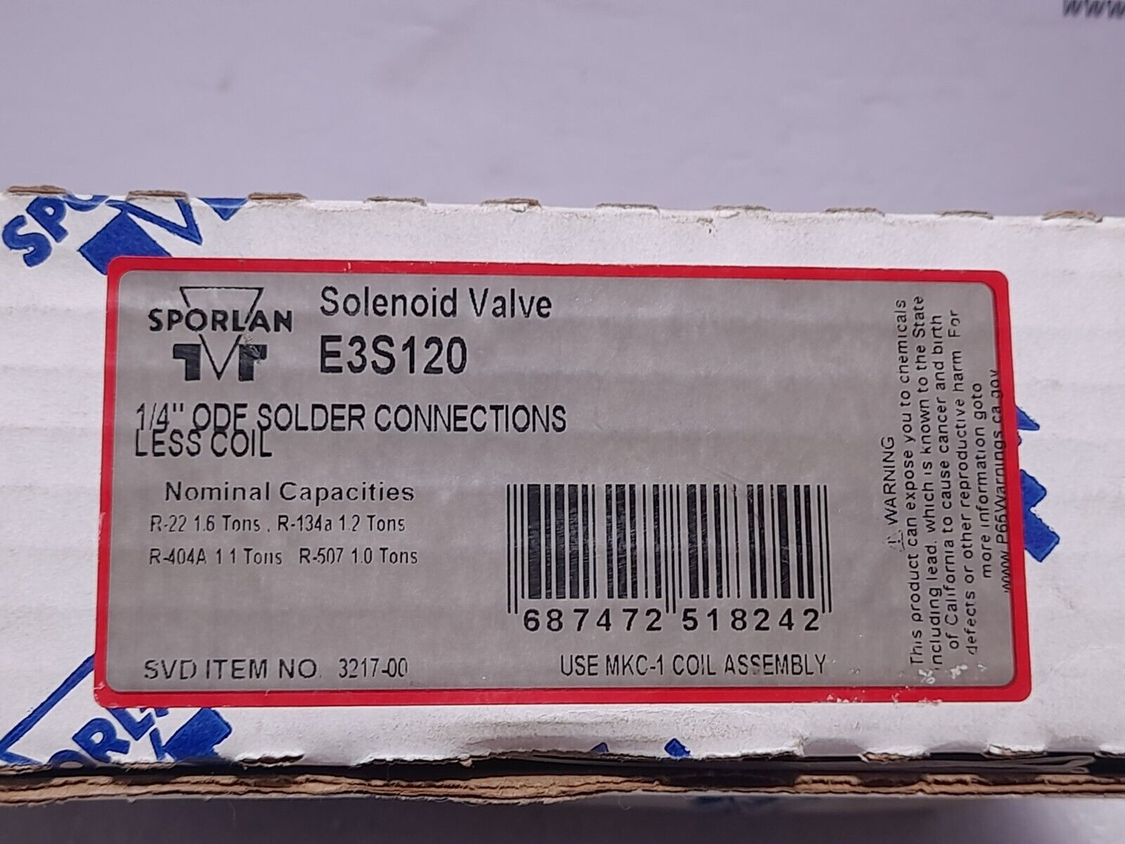 Sporlan E3S120 Solenoid Valve ¼” ODF Solder Connections Less Coil MOPD 300 MRP 5