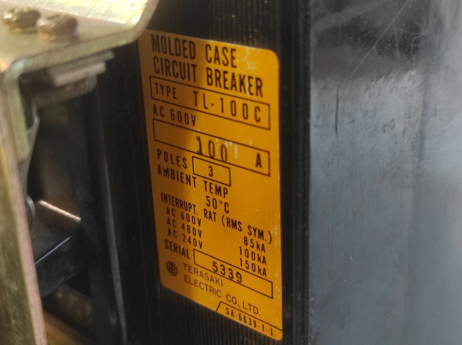 Terasaki TL-100C Molded Case Circuit Breaker 100A AC 600V Poles 3