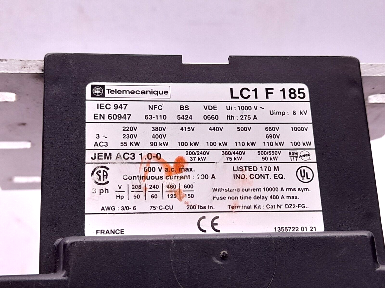 Telemecanique Square D LC1F185 Contactor LC1 F 185 Coil LX1 FG 360 360V50Hz 440V