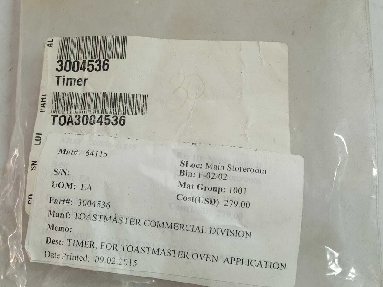 Toastmaster 3004536 Timer For Toastmaster Oven Application