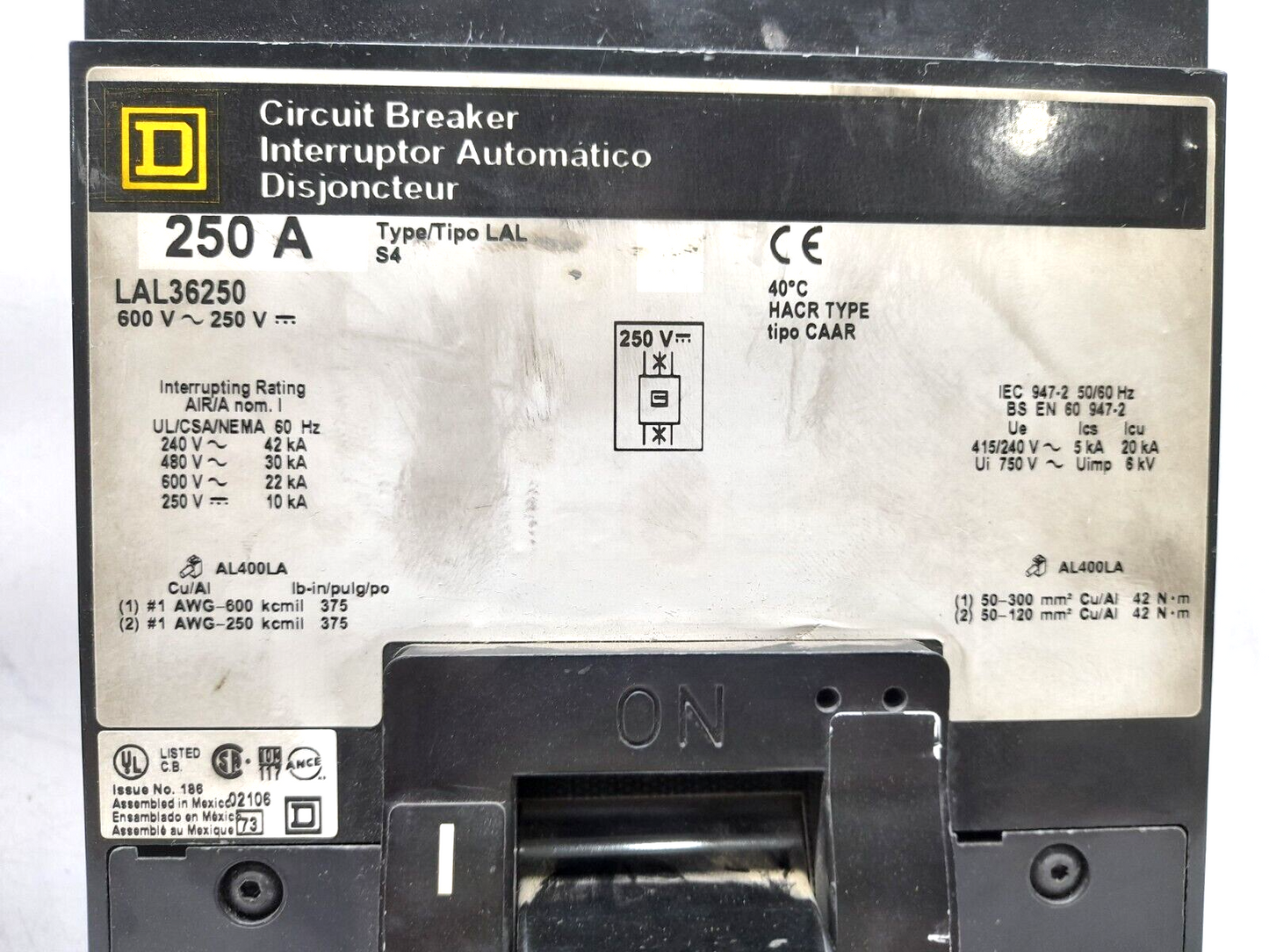 Square D LAL36250 Circuit Breaker 250A 3P 600VAC 250VDC 5060Hz Type LAL S4