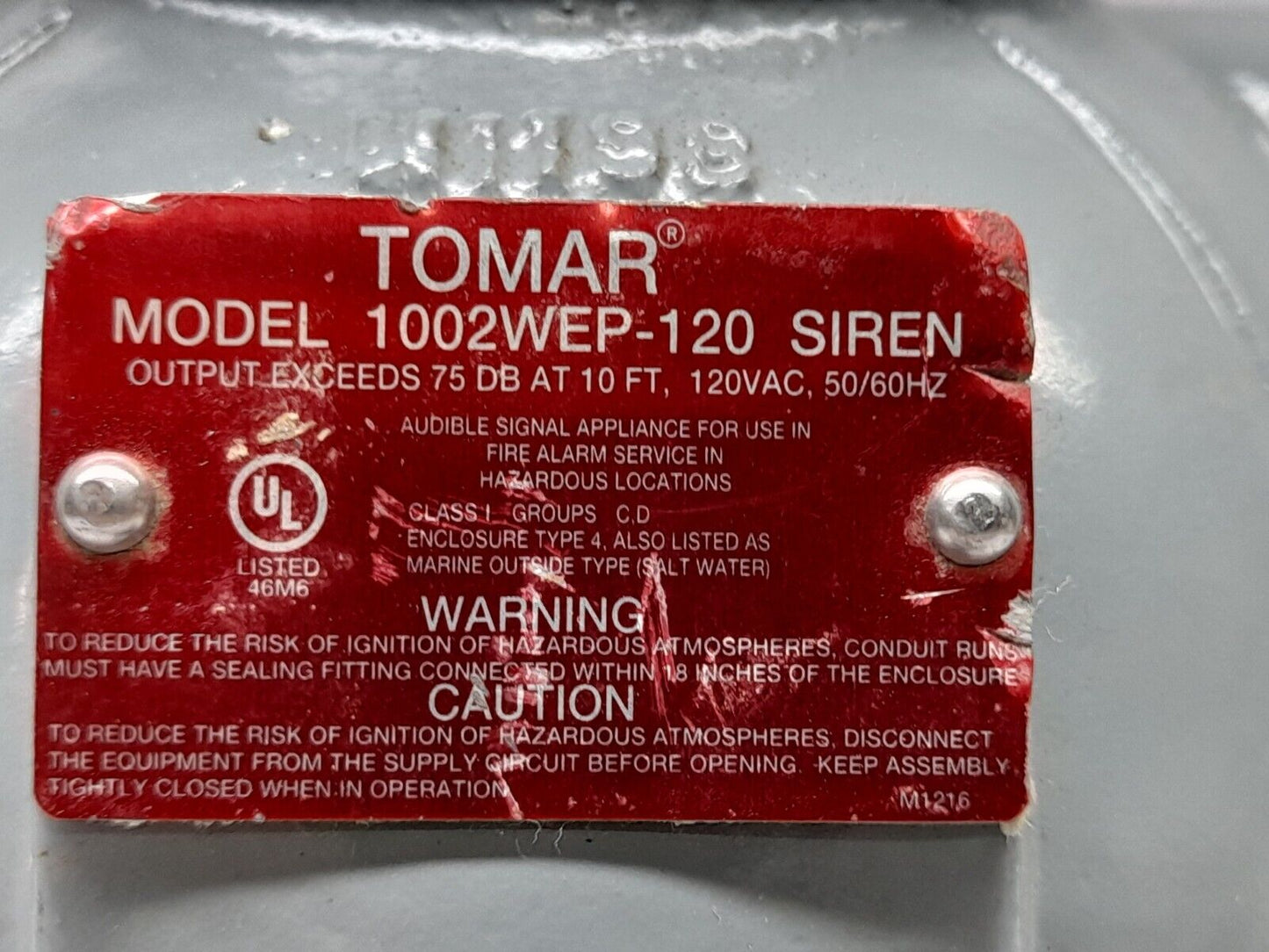 Tomar 1002WEP-120 Siren Output Exceeds 75 DB At 10 FT, 120VAC, 50/60Hz