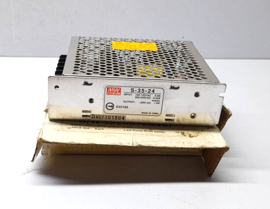 Mean Well S-35-24 Power Supply Input 100-120VAC 0.8A 200-240VAC 0.45A 50/60Hz Ou