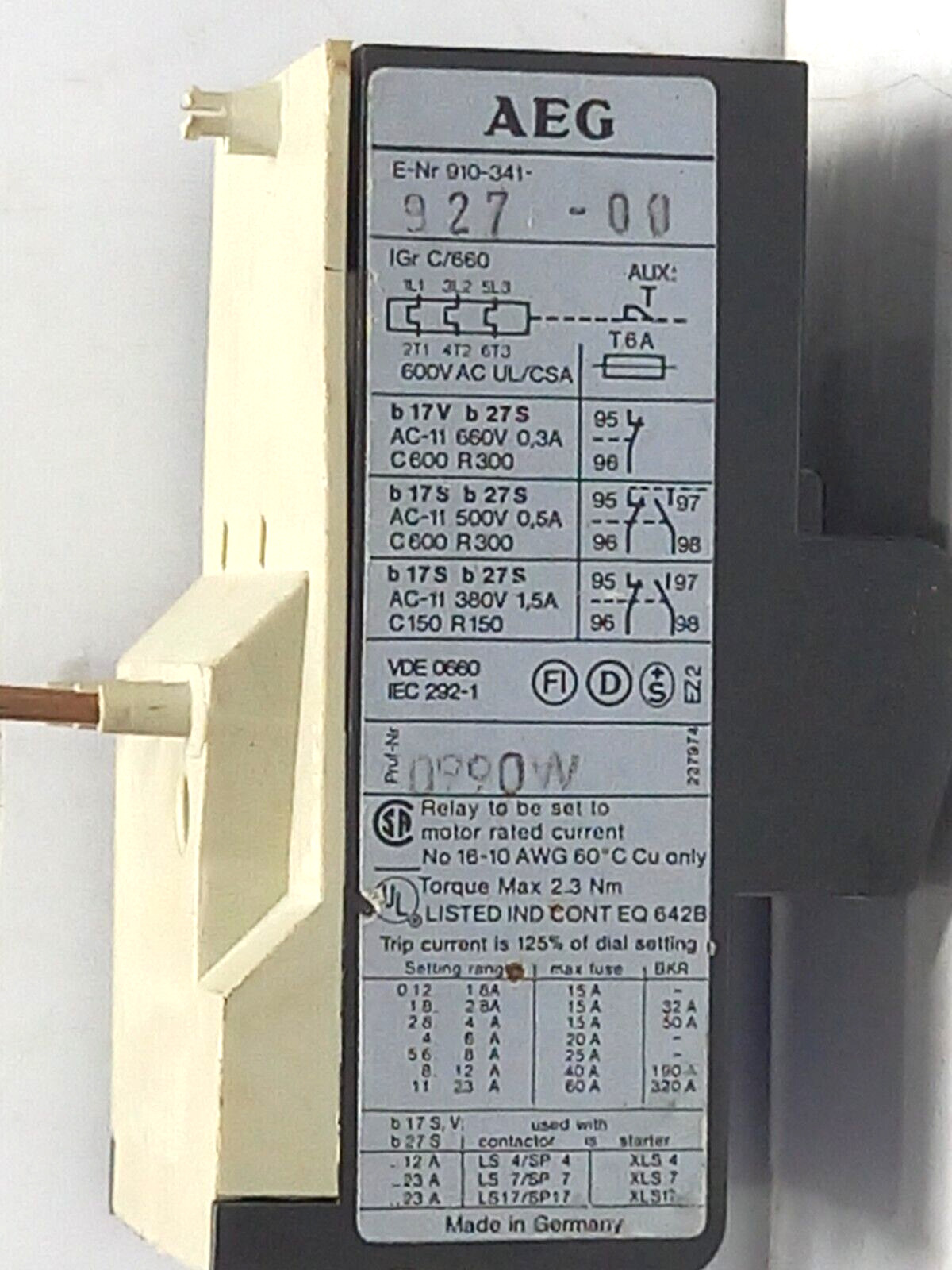 AEG 910-341-927-00 b17s Overload Relay 0.8-1.2A