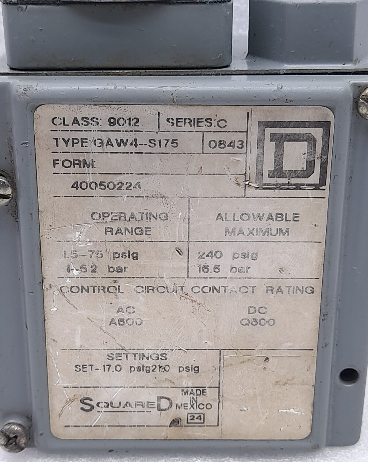 Square D 9012 GAW4-S175 Ser C Pressure Switch Operating Range 1.5-75 PSIG