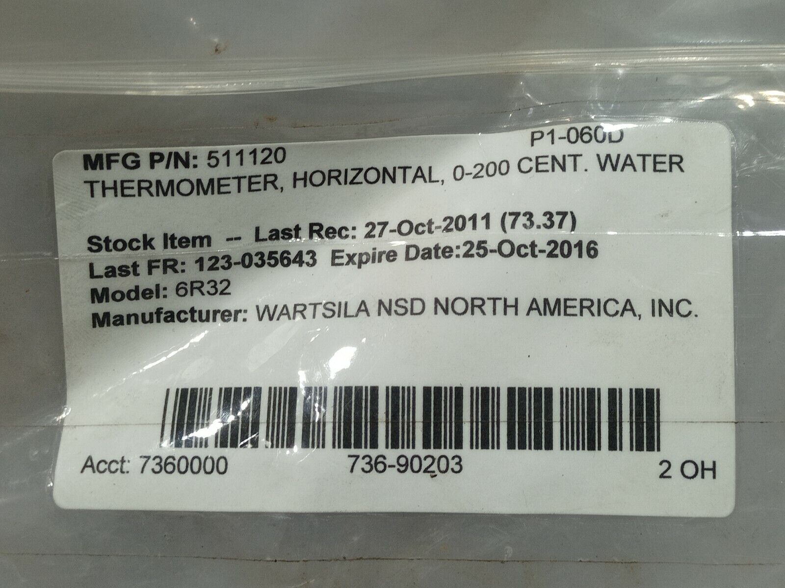 Wartsila 511120 Horizontal Thermometer 0-200 Cent Water