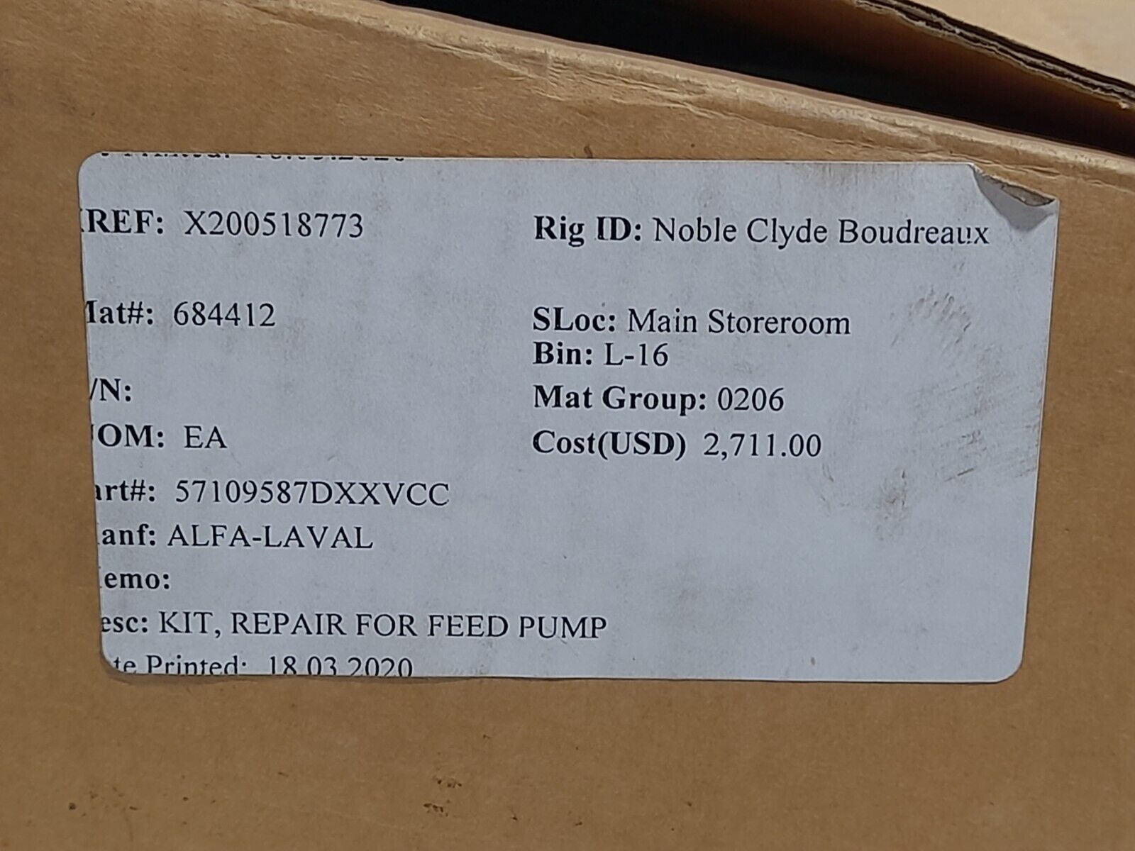 Alfa Laval 57109587DXXVCC Repair Kit For Feed Pump 57109587 Repair Kit