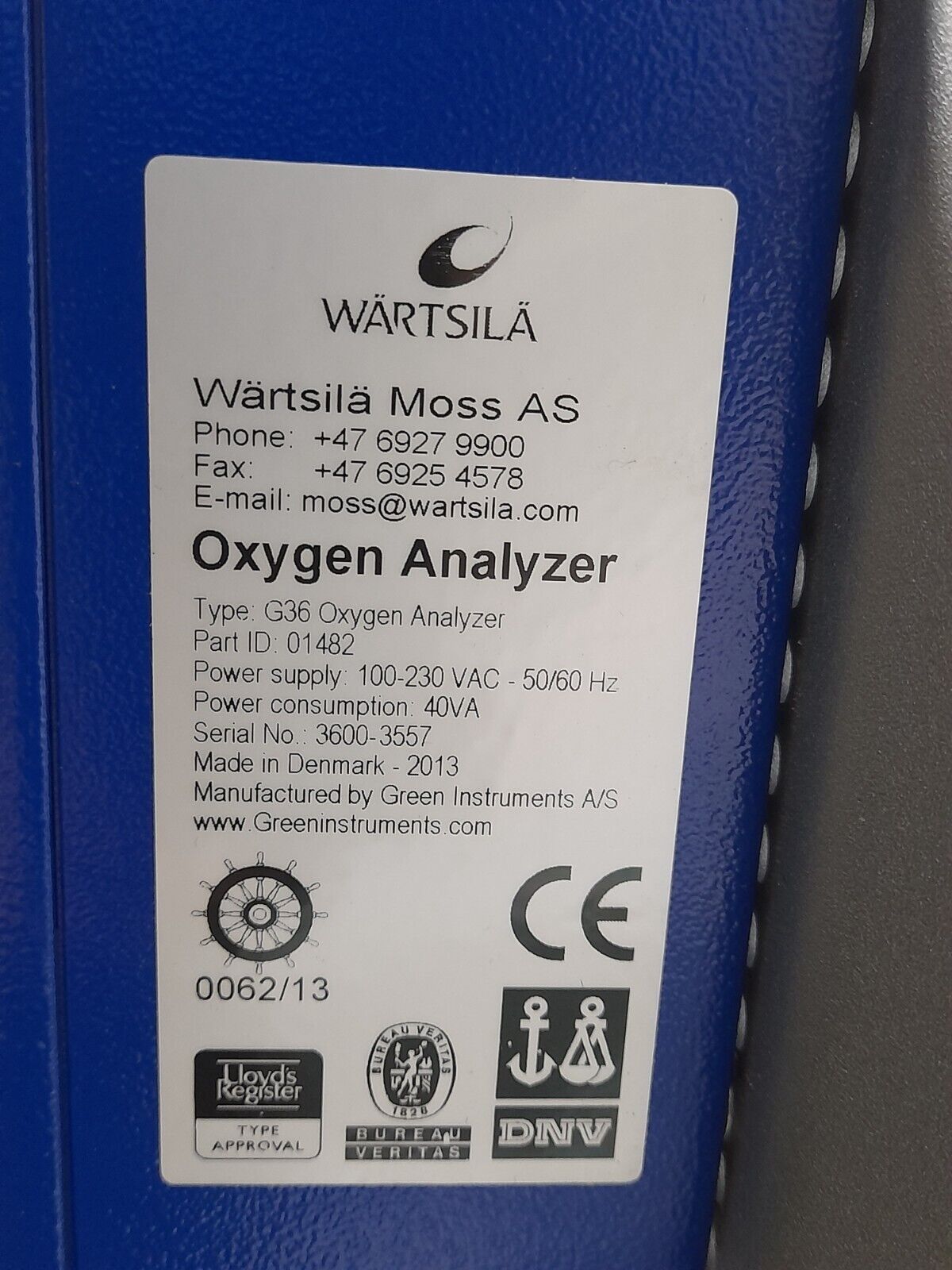 Wartsila 350753 N9374-014 Oxygen Analyzer Panel Hamworthy SN53-10 G36 H3600a