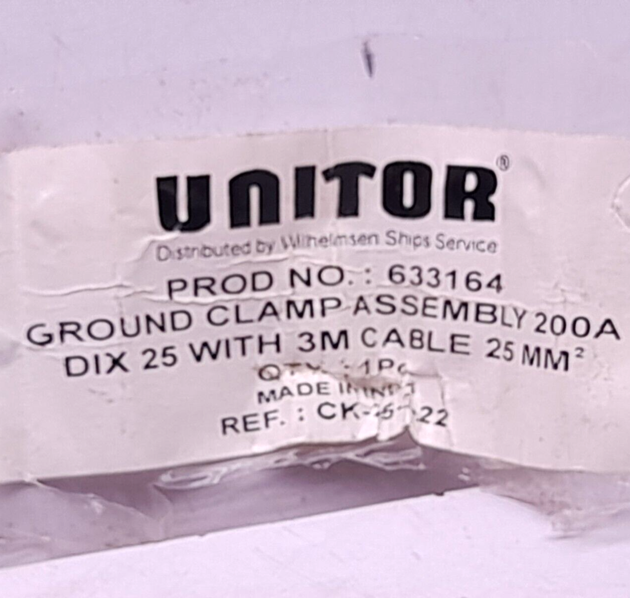 Unitor 633164 Ground Clamp Assembly 200A DIX 25 With 3m Cable 25mm2