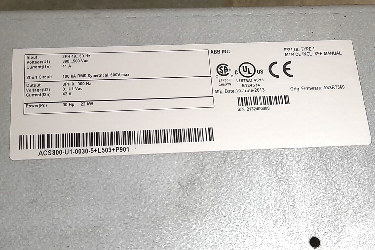 ABB ACS800-U1-0030-5+L503+P901 VFD AC Drive 30HP